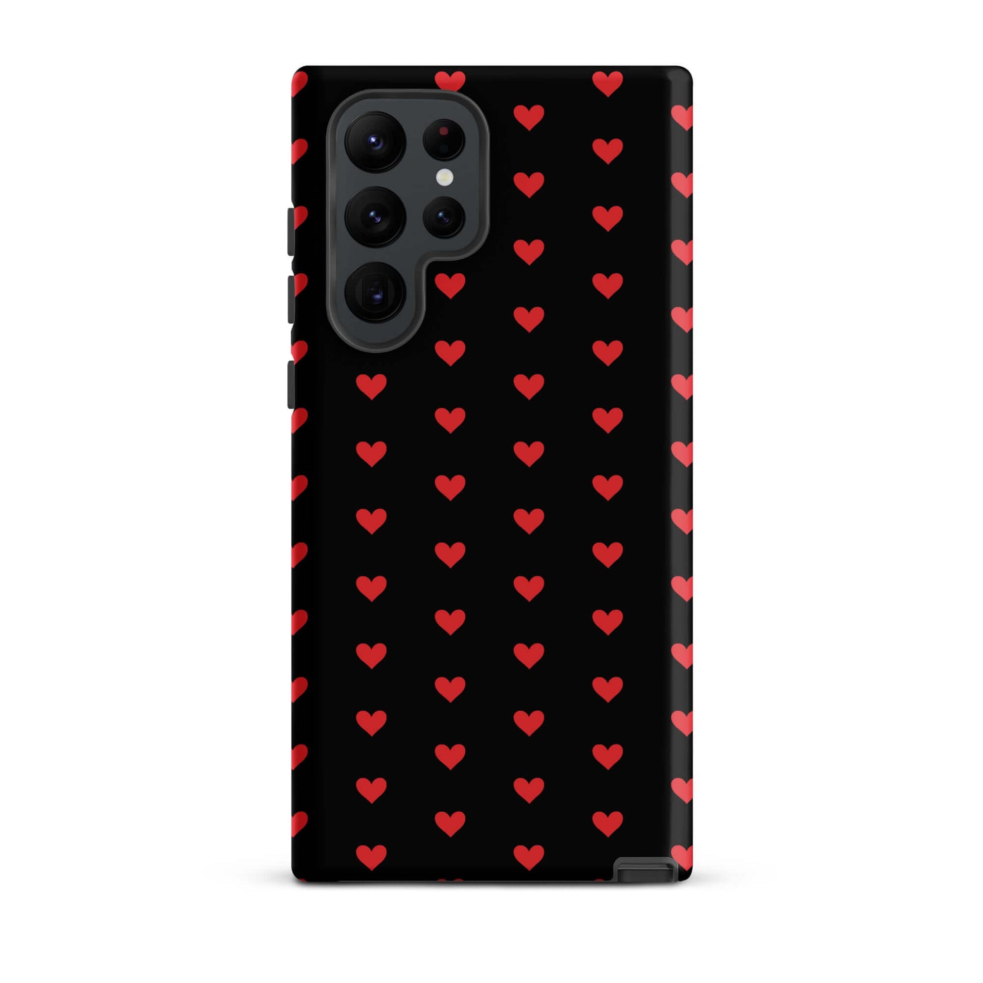 Phone Case for Samsung Galaxy featuring fiery red hearts on a black background, combining style and protection.