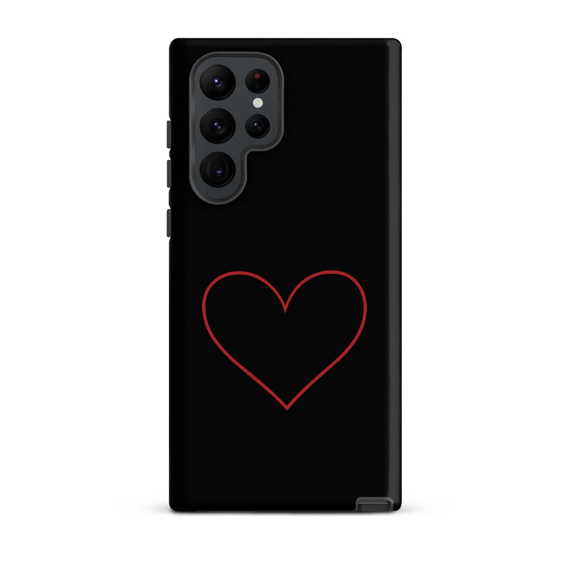 Phone Case for Samsung Galaxy featuring minimalist crimson heart design on sleek black background.