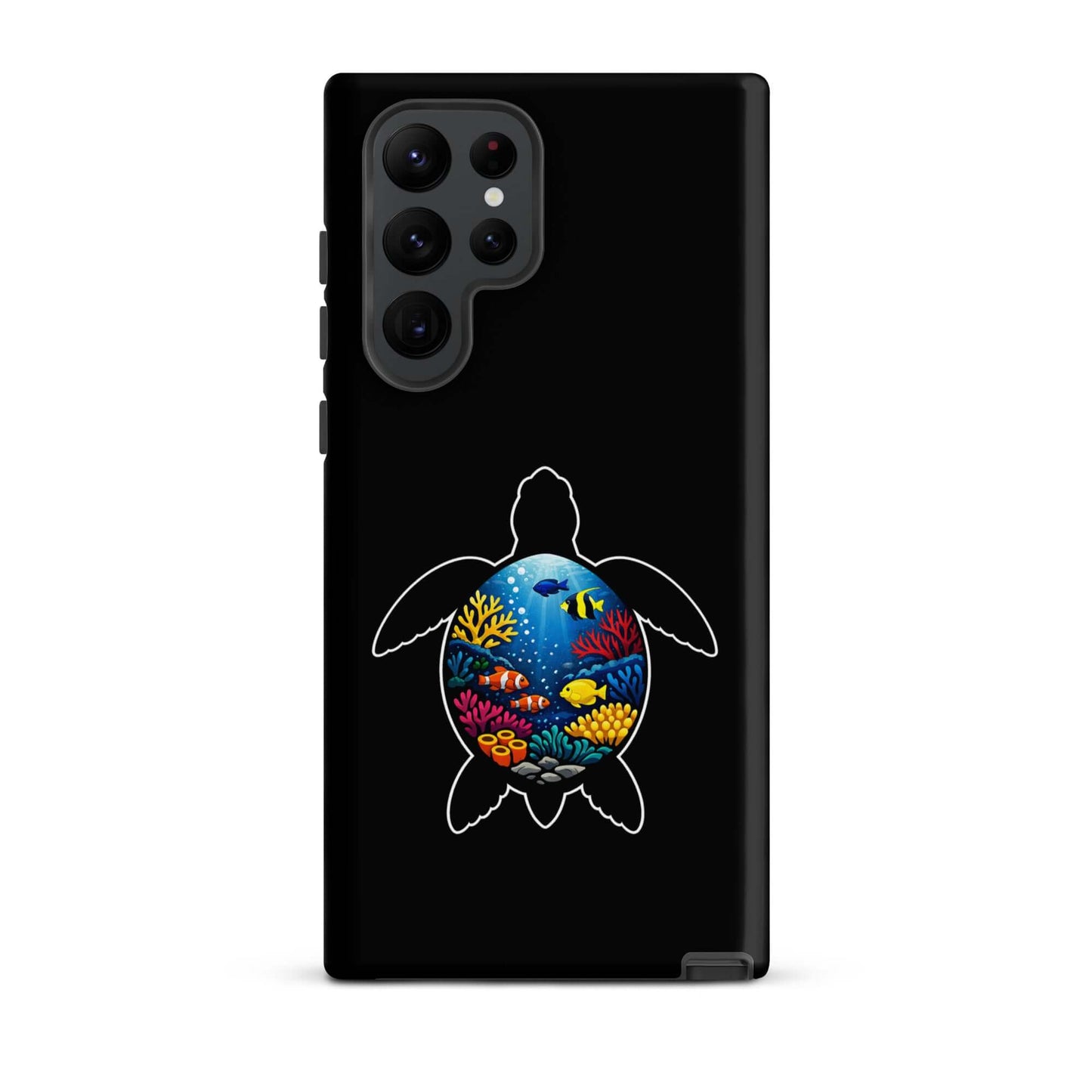 Phone case for Samsung Galaxy featuring a vibrant sea turtle reef design with colorful corals and fish.