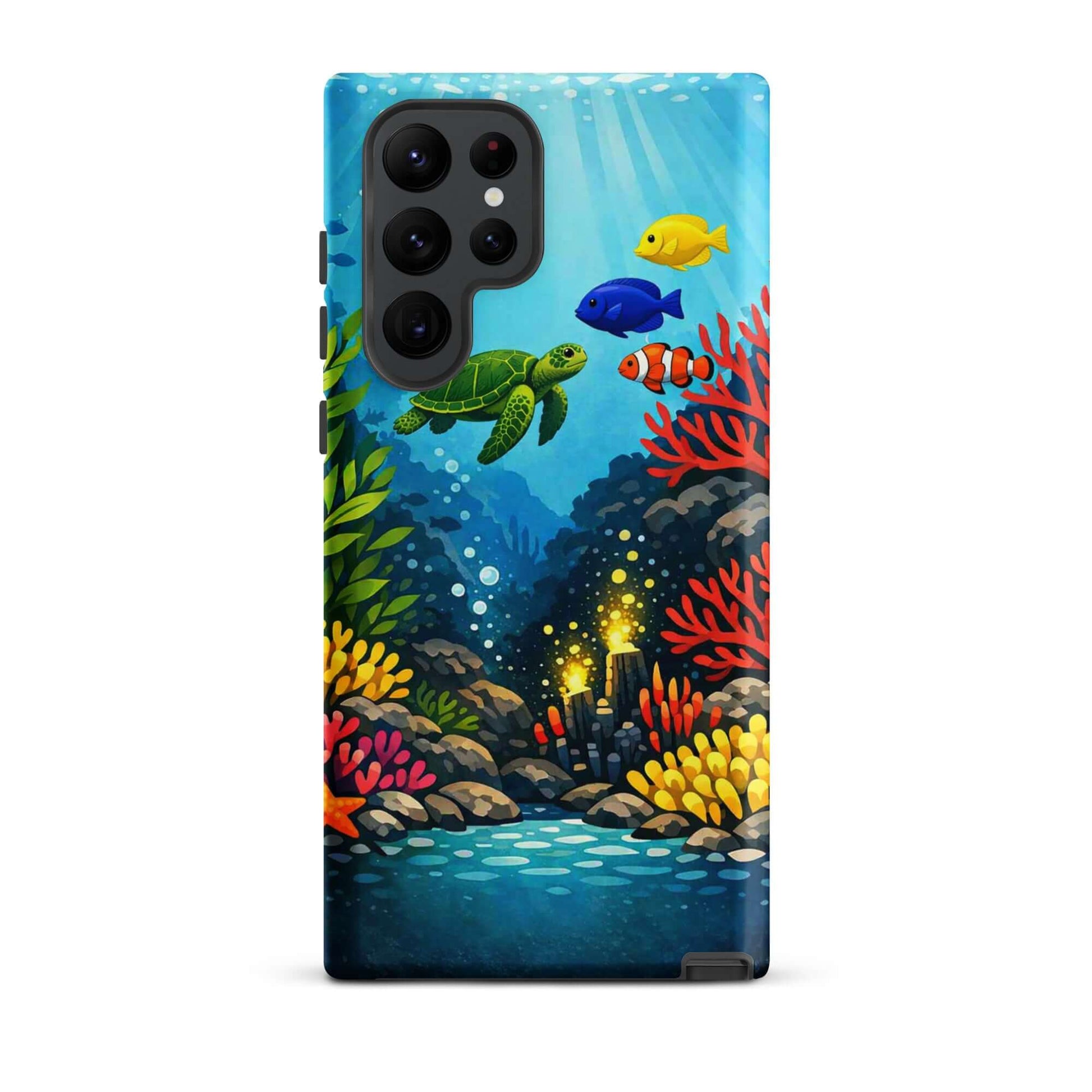 Phone case featuring vibrant sea turtle and coral reef design, perfect for ocean lovers and rugged protection.