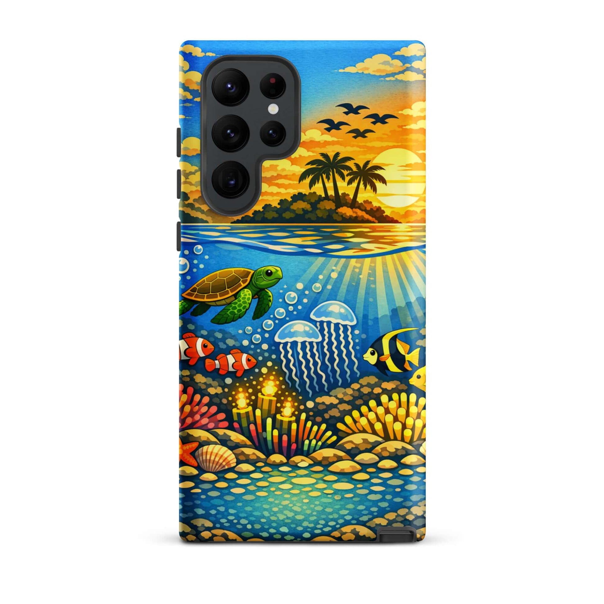 Phone Case for Samsung Galaxy featuring a tropical sunset and vibrant underwater reef scene.