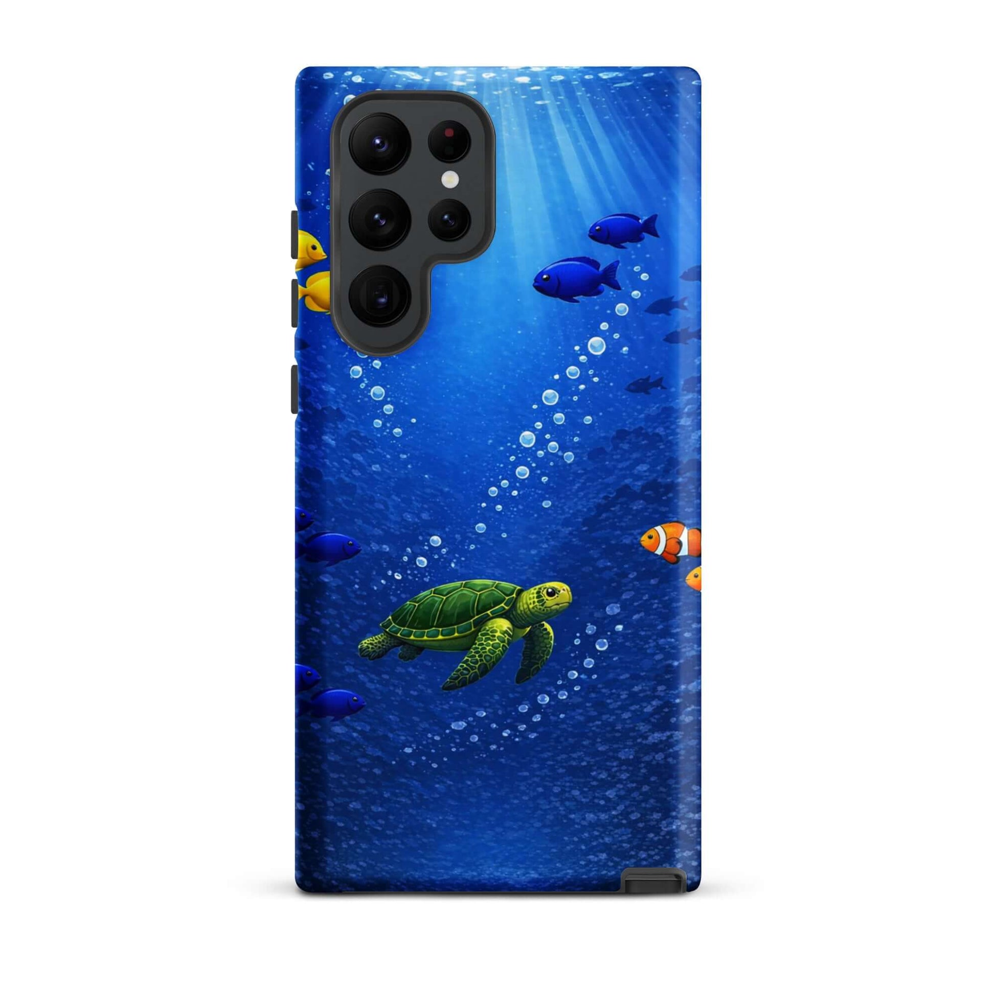 Phone Case featuring a sea turtle and vibrant fish in a deep blue ocean design.