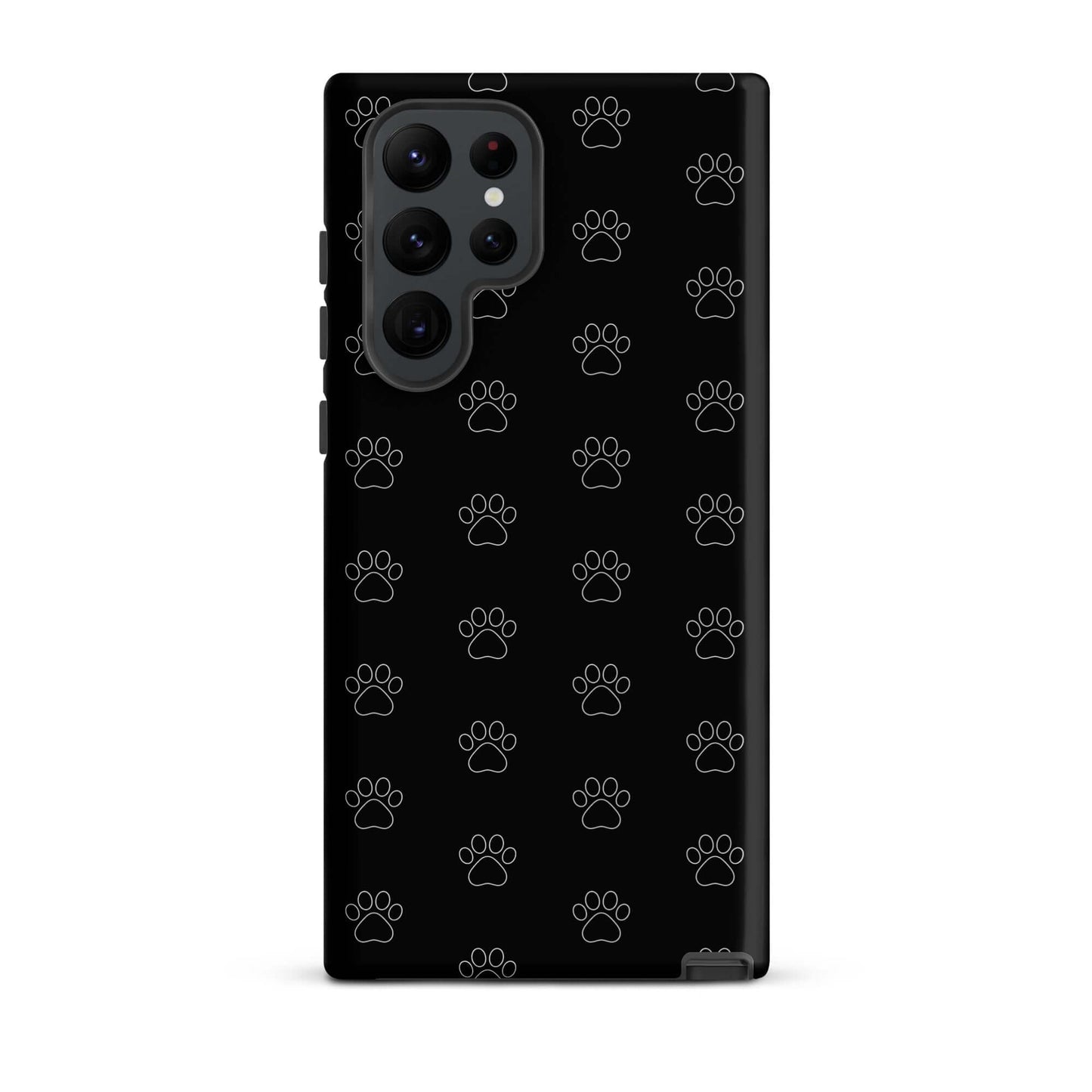 Phone Case for Samsung Galaxy featuring a playful black paw print pattern on a transparent design.