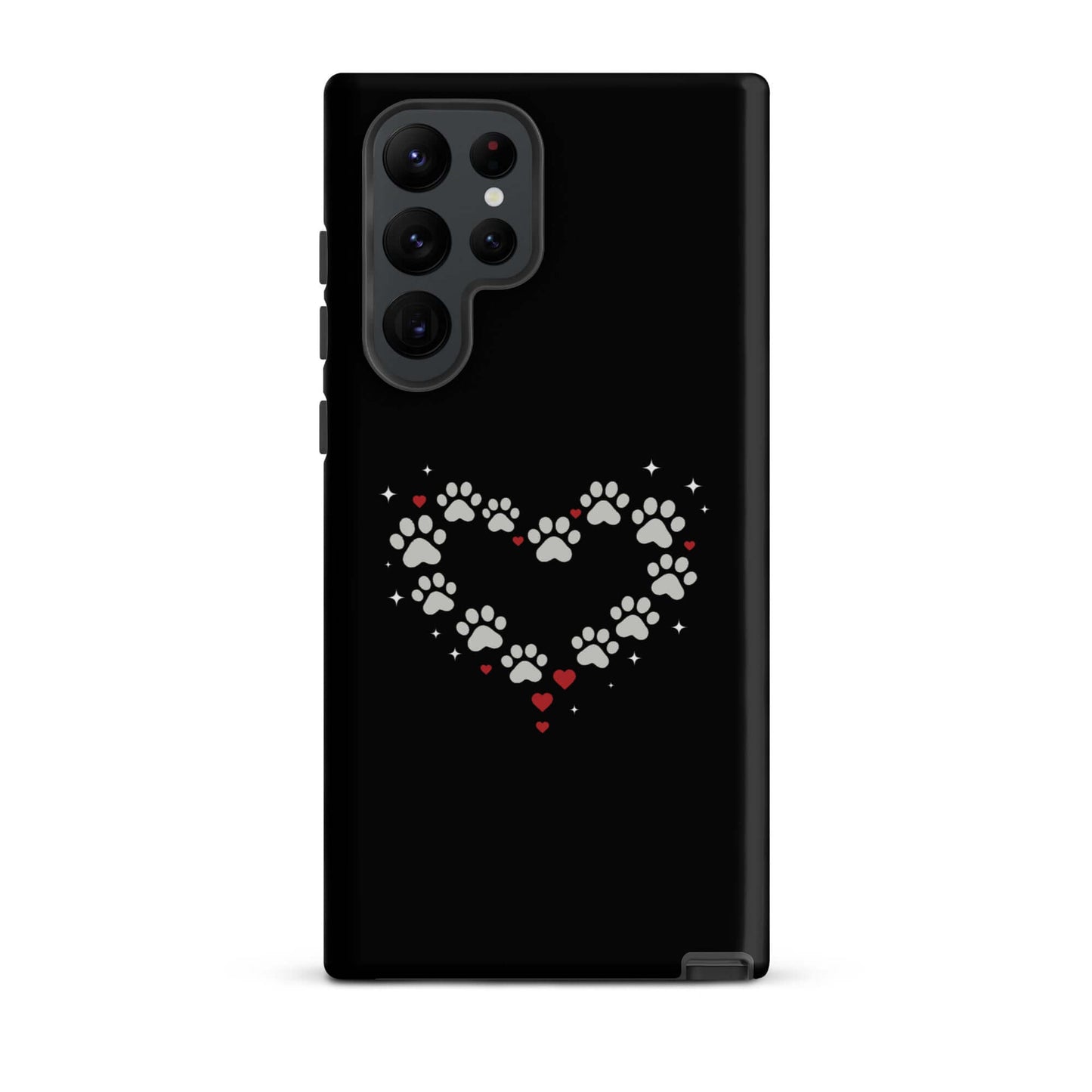 Phone Case for Samsung Galaxy featuring a paw-print heart design on a sleek black background.