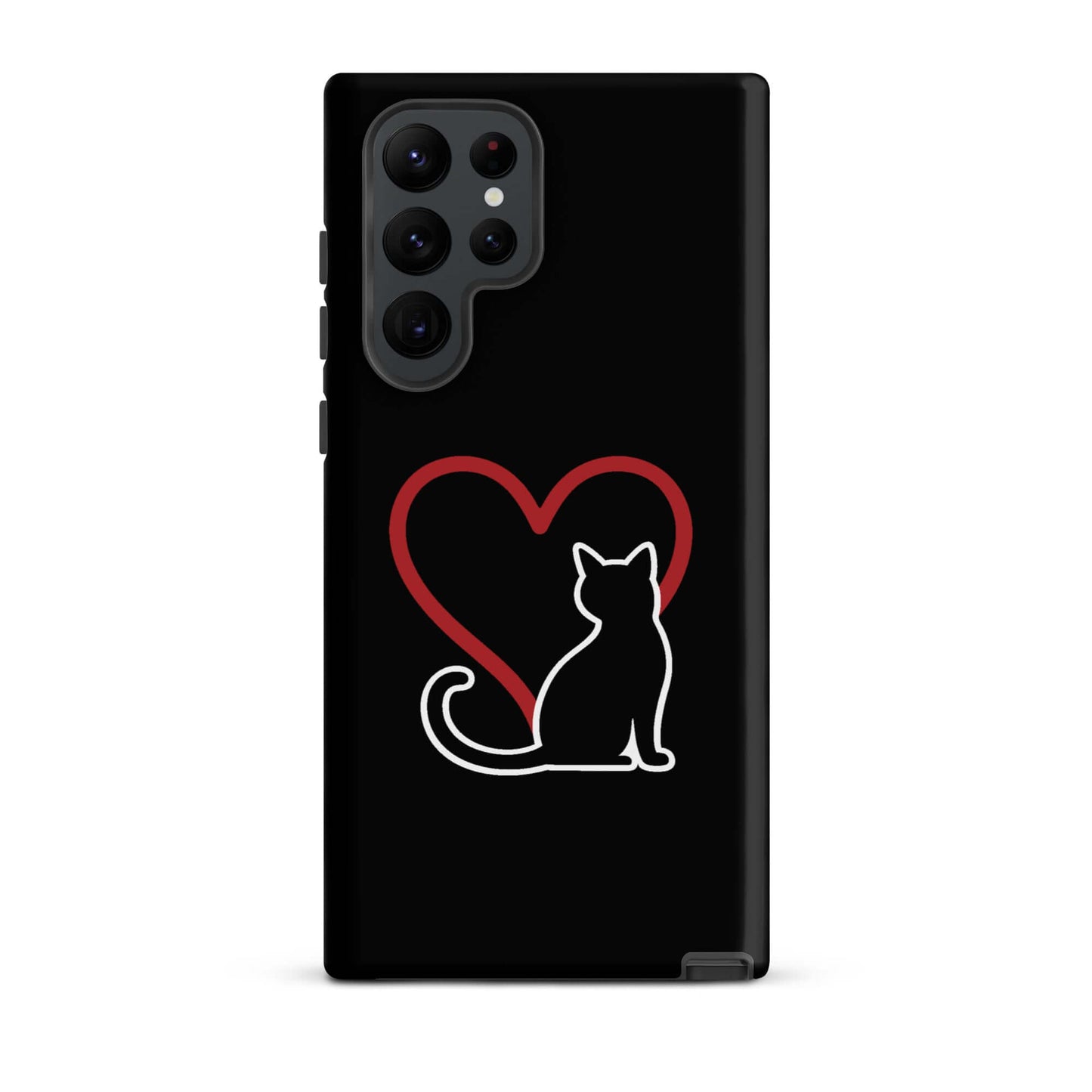 Phone Case featuring a minimalist black cat and red heart design, perfect for cat lovers and elegant protection.