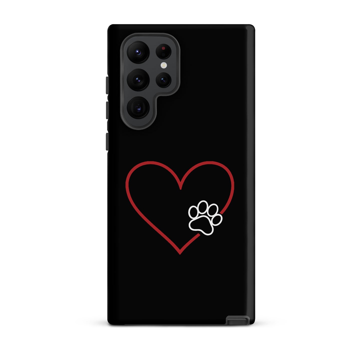 Phone Case for Samsung Galaxy with heart and paw print design on black background, blending style and protection for pet lovers.