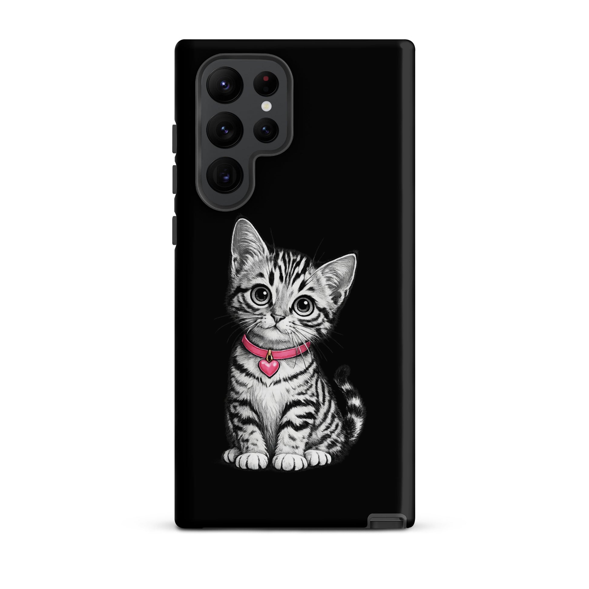 Phone Case for Samsung Galaxy featuring kitten with pink heart charm and pencil-sketch design.