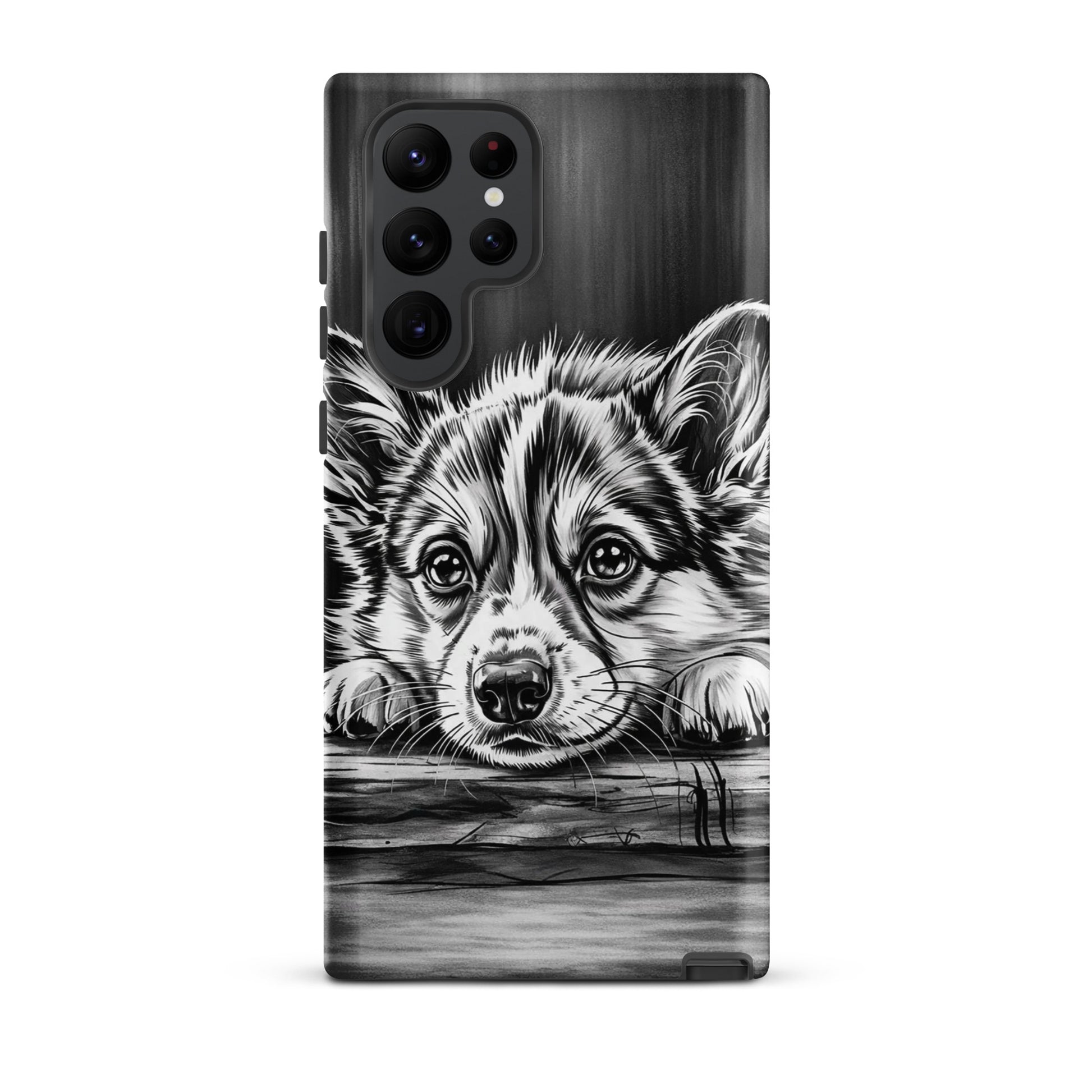 Phone Case featuring elegant black-and-white puppy art on wood for Samsung Galaxy, blending charm and premium protection.