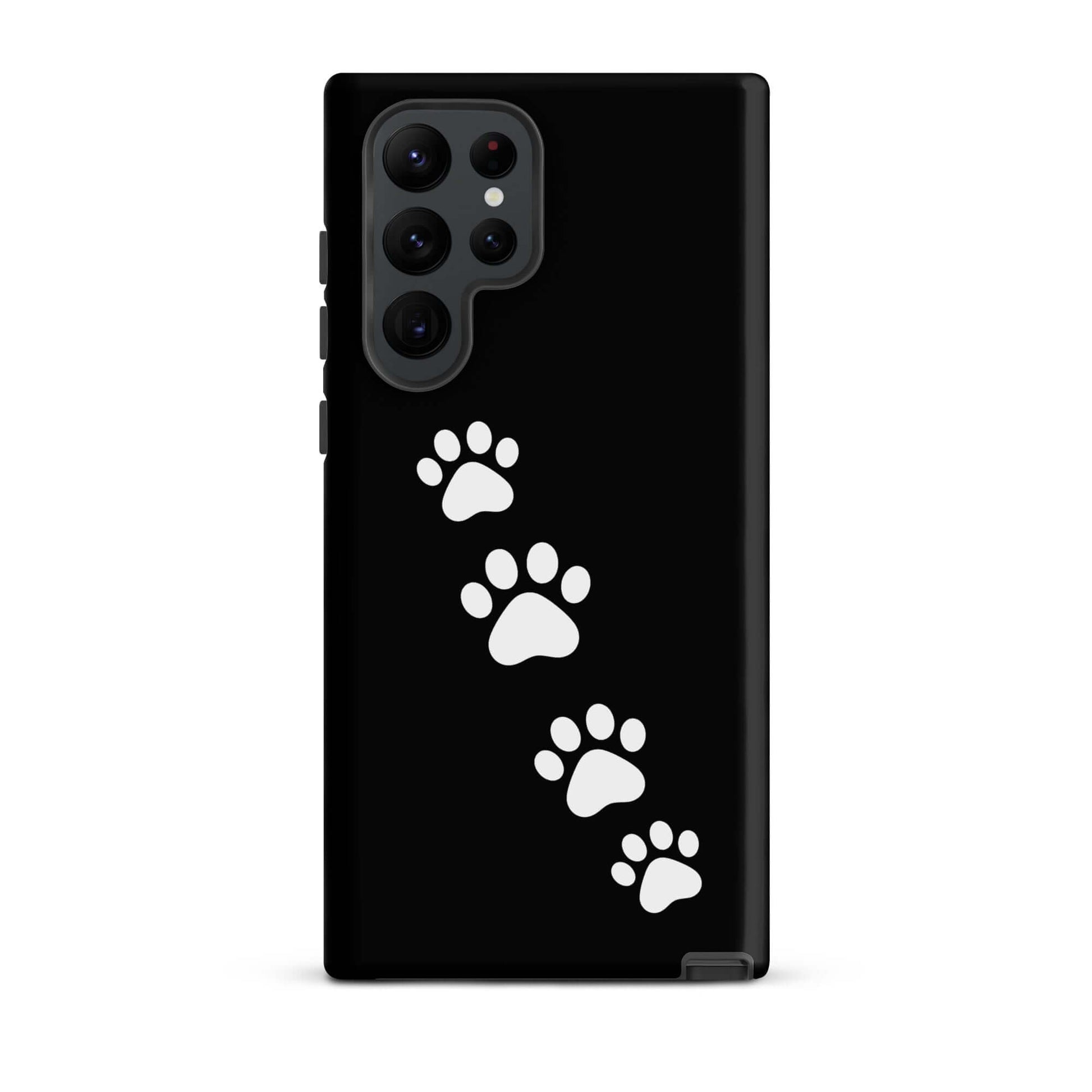 Phone case for Samsung Galaxy with white paw-print design on black background for pet lovers.