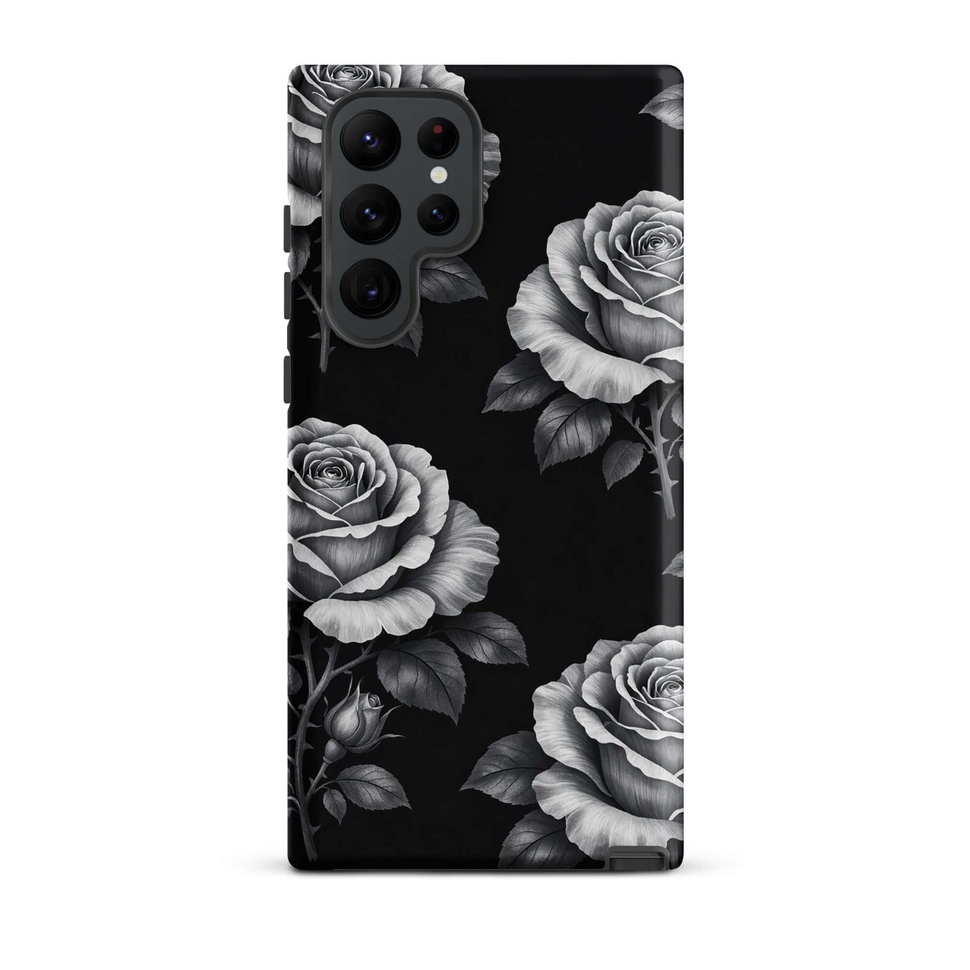 Phone Case for Samsung Galaxy featuring rose design with black background and elegant pencil sketch style.
