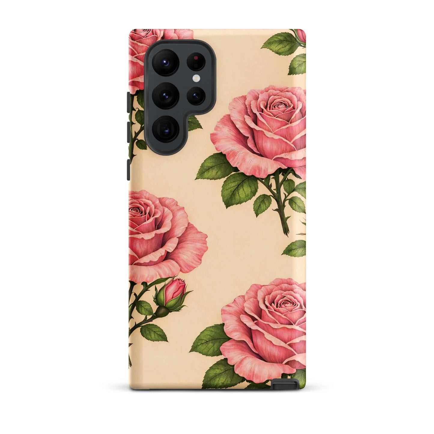Phone Case for Samsung Galaxy featuring pink roses on a warm cream background, perfect blend of elegance and protection for your device.