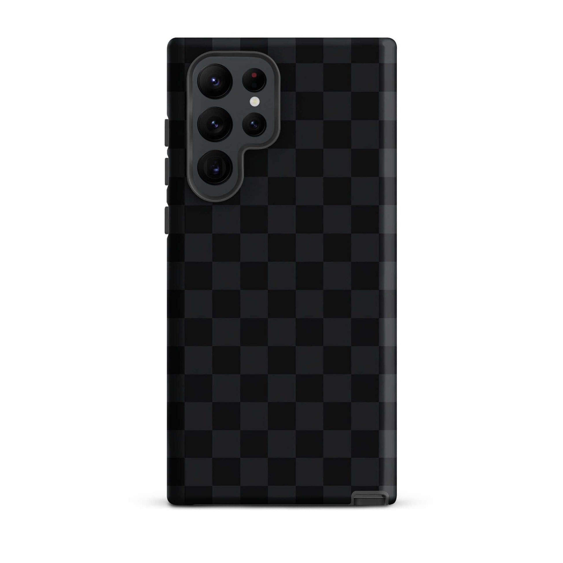 Phone Case for Samsung Galaxy with black and charcoal checkered design, sleek and modern for style and protection.