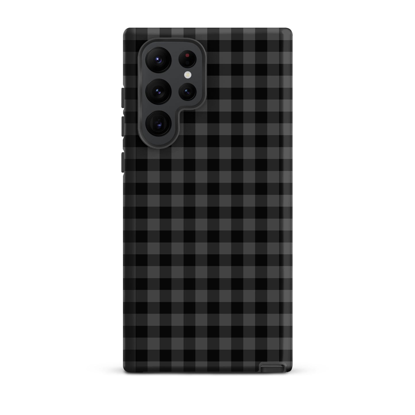 Phone Case for Samsung Galaxy in black‑and‑charcoal gingham pattern, blending style with protection.