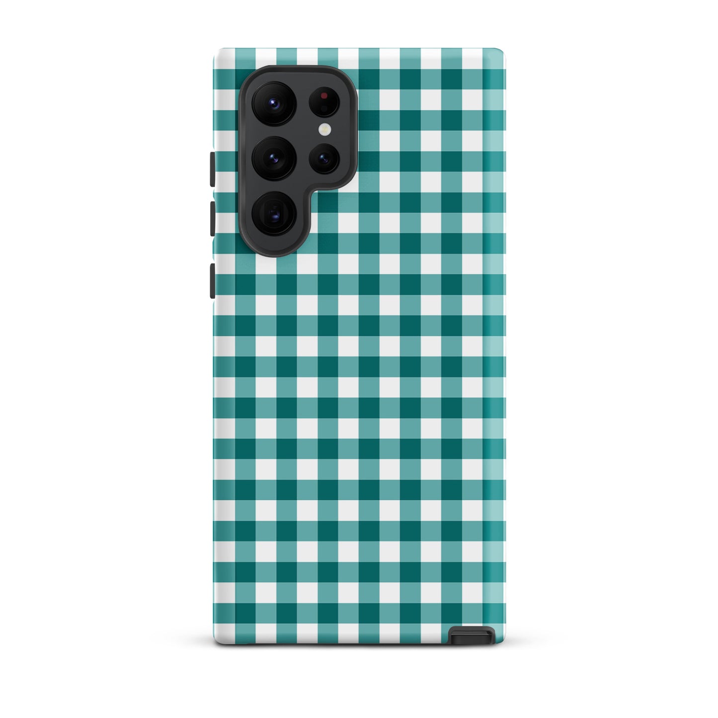 Phone Case for Samsung Galaxy with teal-and-white gingham pattern, combining luxury and protection.