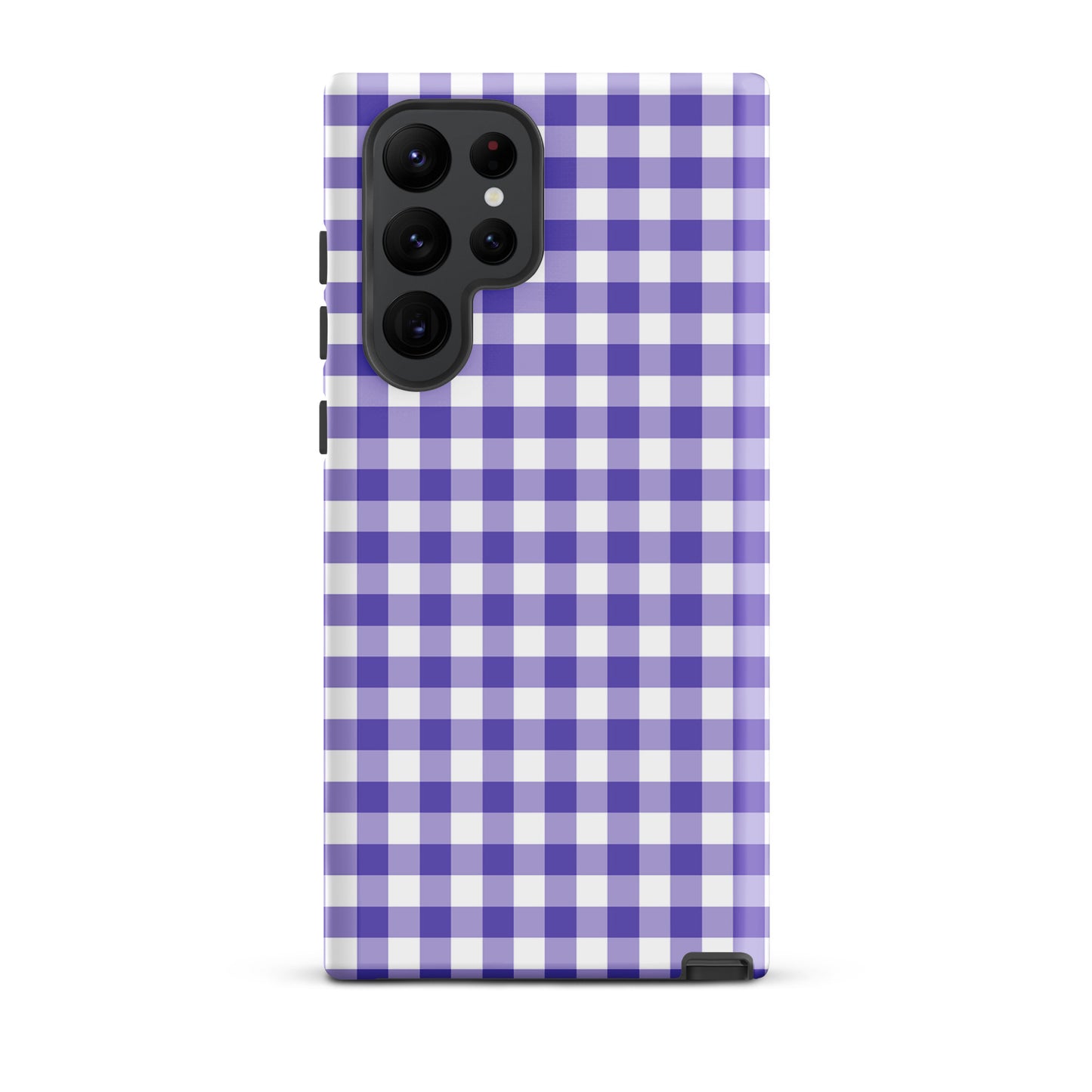 Phone case with purple and white gingham pattern for Samsung Galaxy, combining style and protection.