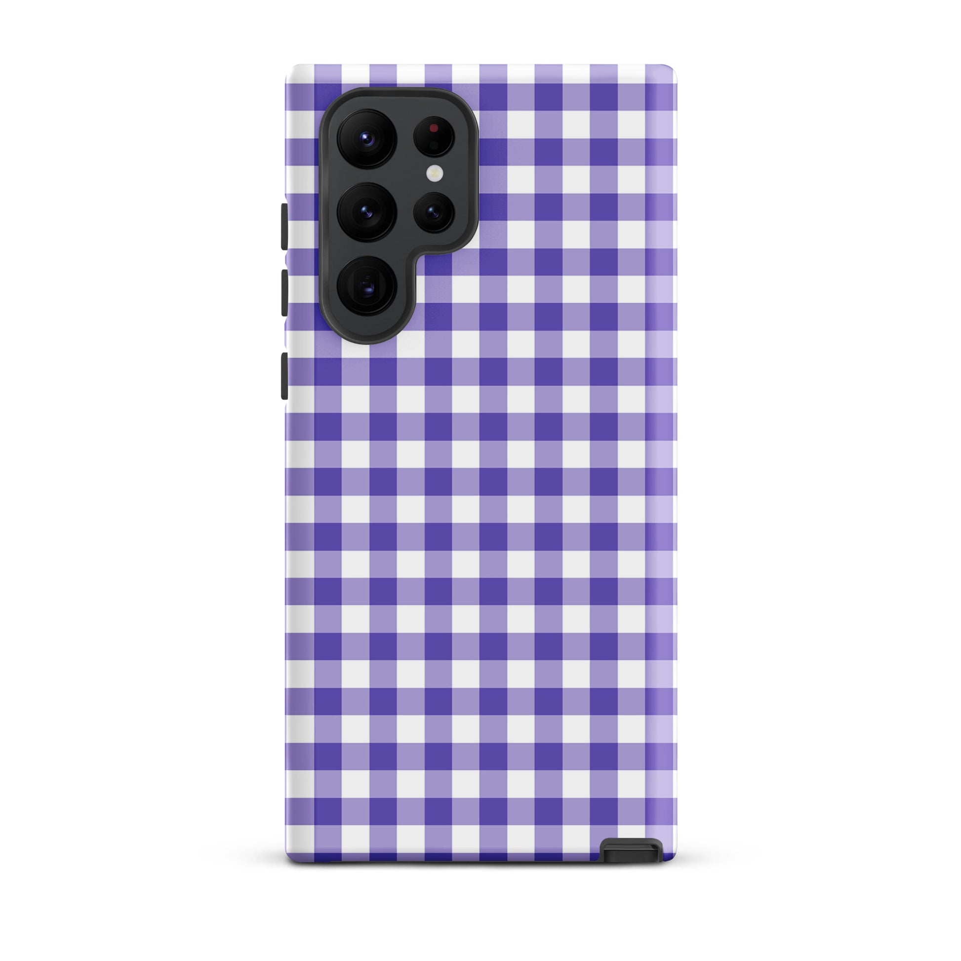 Phone case with purple and white gingham pattern for Samsung Galaxy, combining style and protection.