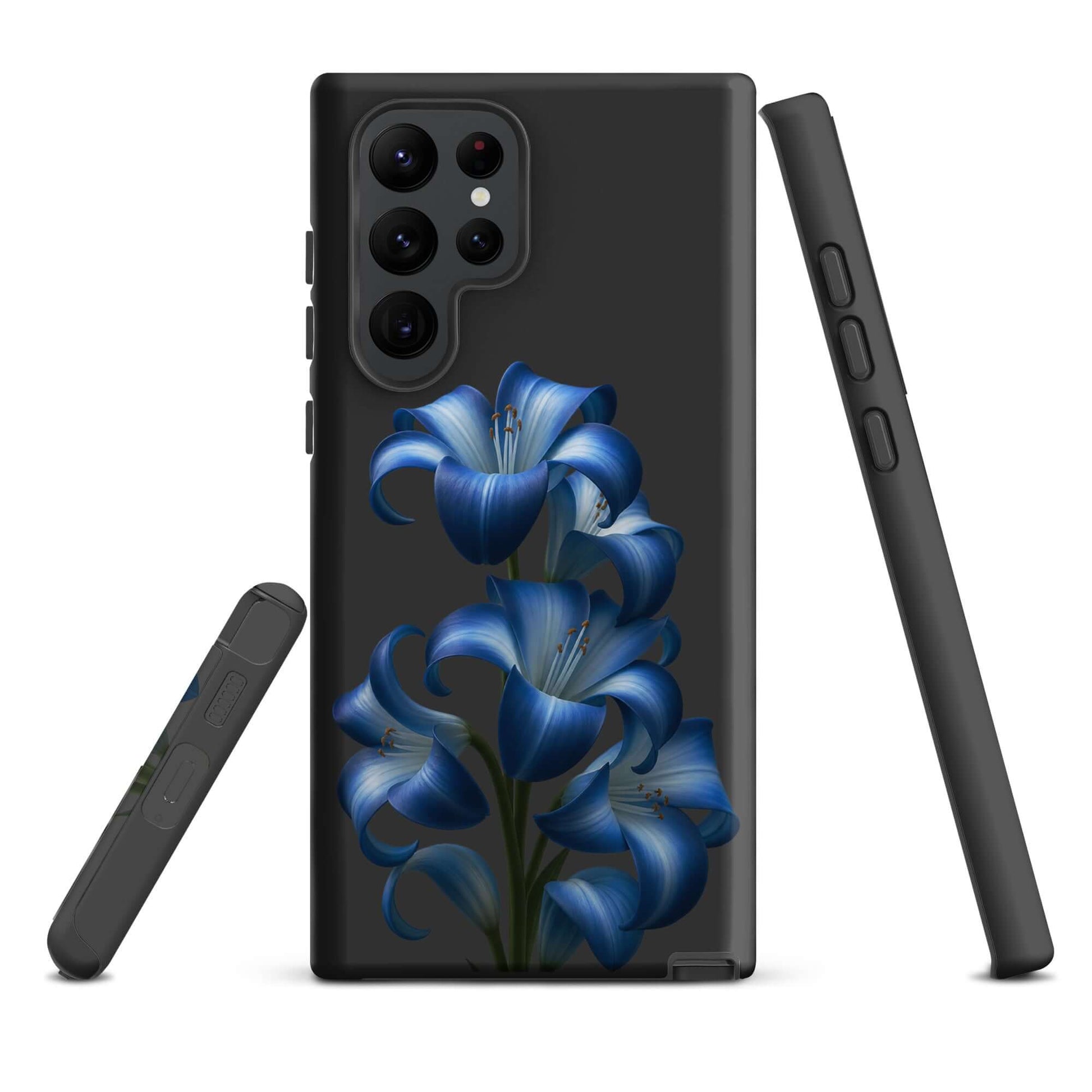 Phone Case for Samsung Galaxy featuring blue lily bloom art with sleek black design and dual-layer protection.