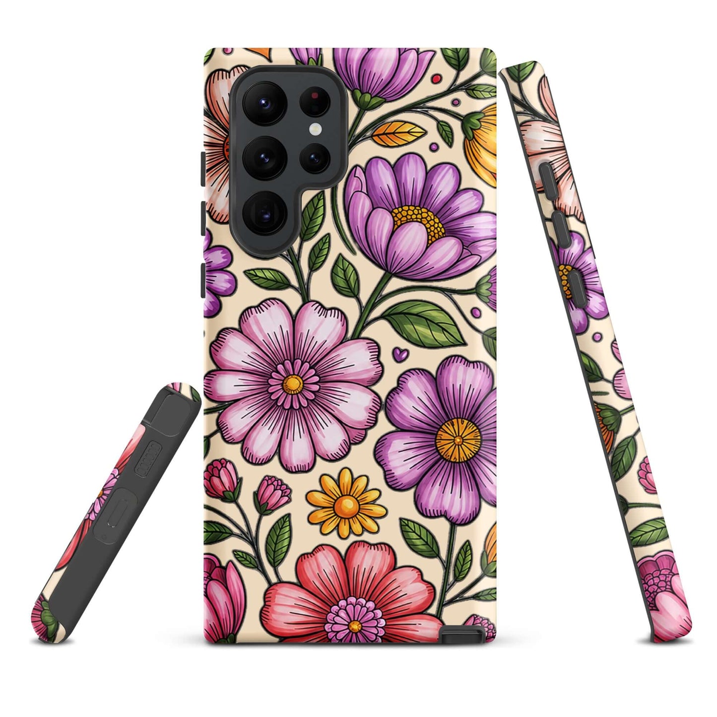 Phone Case for Samsung Galaxy with pastel floral design featuring pinks, peaches, lavenders, and yellows on a deep background.
