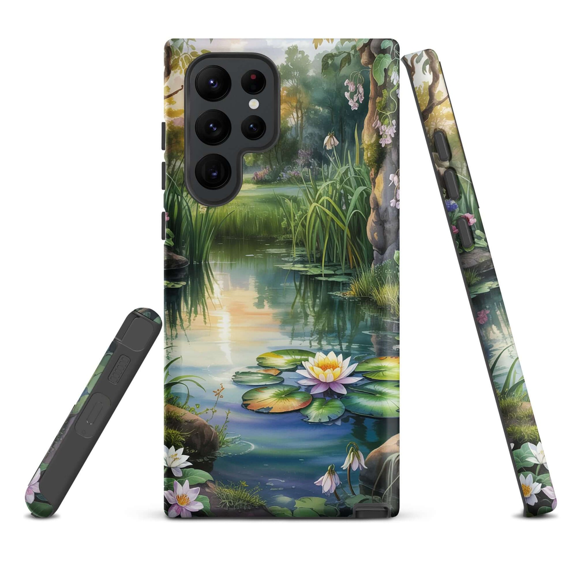 Phone Case for Samsung Galaxy: Enchanted Pond design with lily pond scene, lush greenery, soft sunset, and wildflowers.