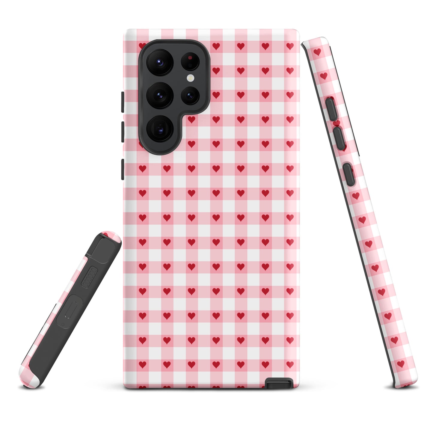 Phone Case for Samsung Galaxy in pink-and-white gingham heart pattern, showcasing blend of chic style and durability.