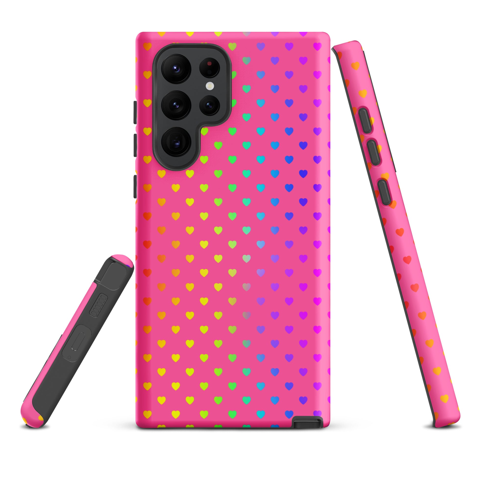 phone case for Samsung Galaxy with cute rainbow hearts on pink background
