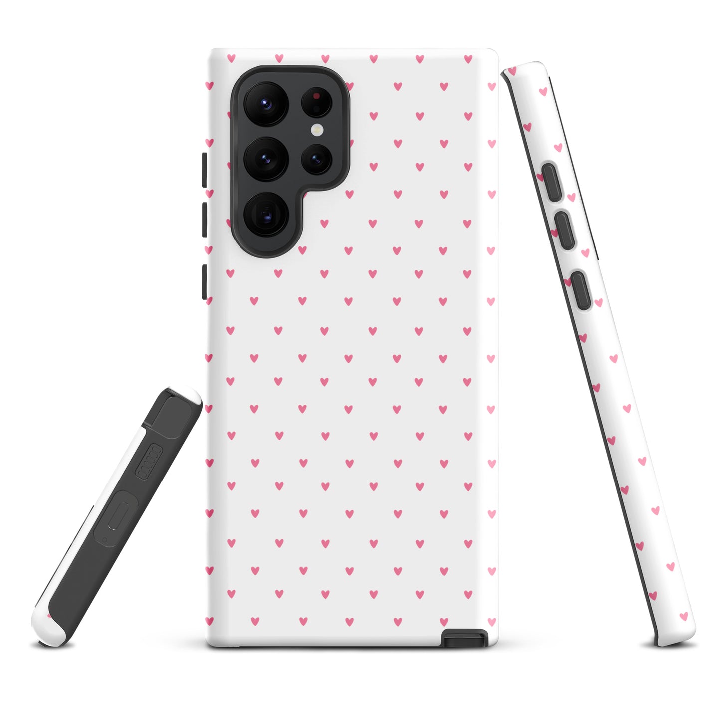 Phone Case for Samsung Galaxy with Heart-Dot Pattern in pink over white, showcasing a cute and modern polka-dot design.
