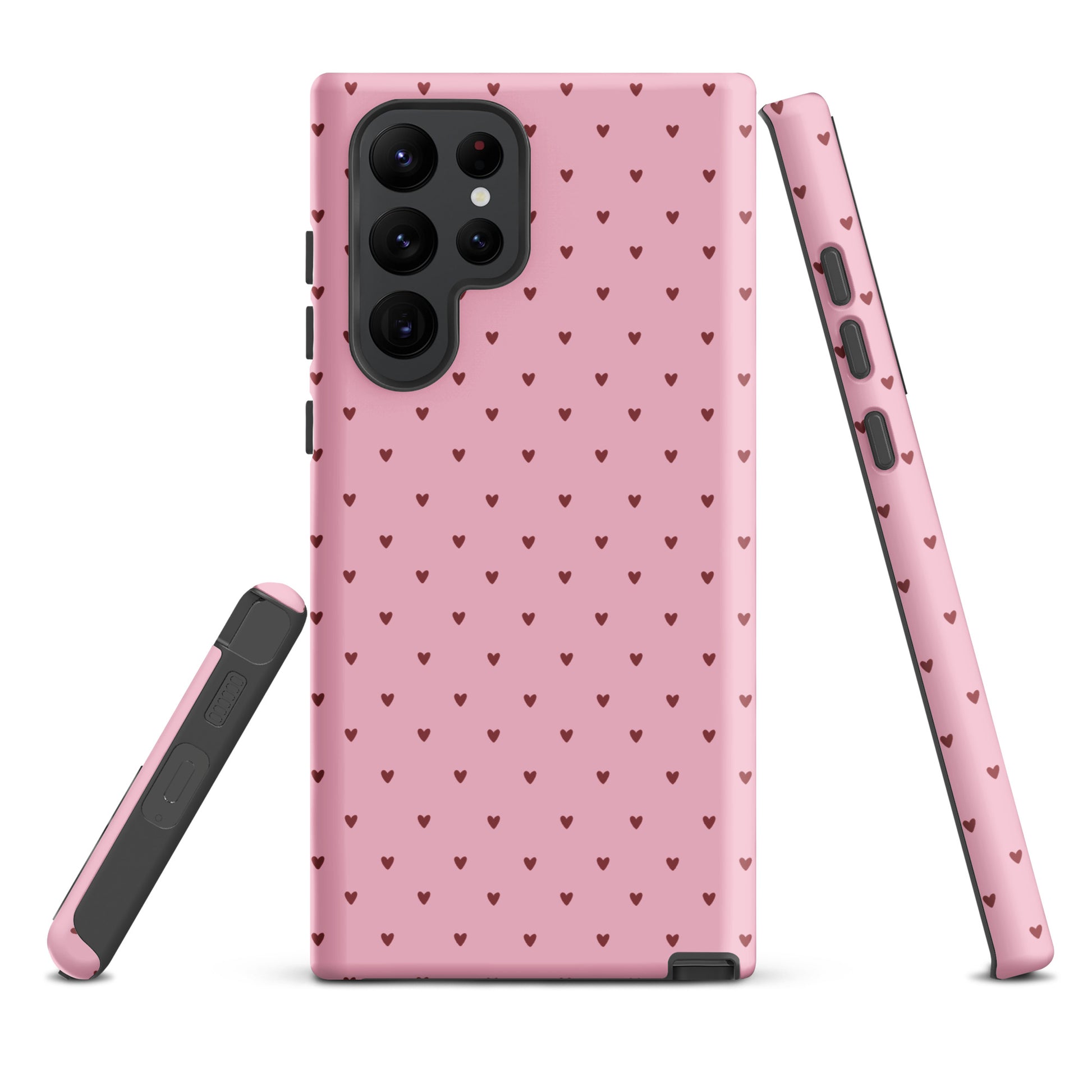 Phone Case for Samsung Galaxy with heart-dot pattern, playful pink design with cute hearts, minimalist and stylish accessory.