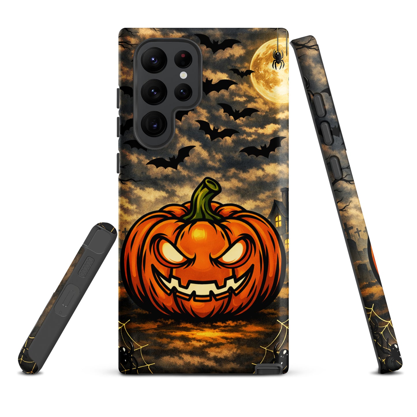Phone Case for Samsung Galaxy with haunted pumpkin, bats, and moonlit Halloween scene