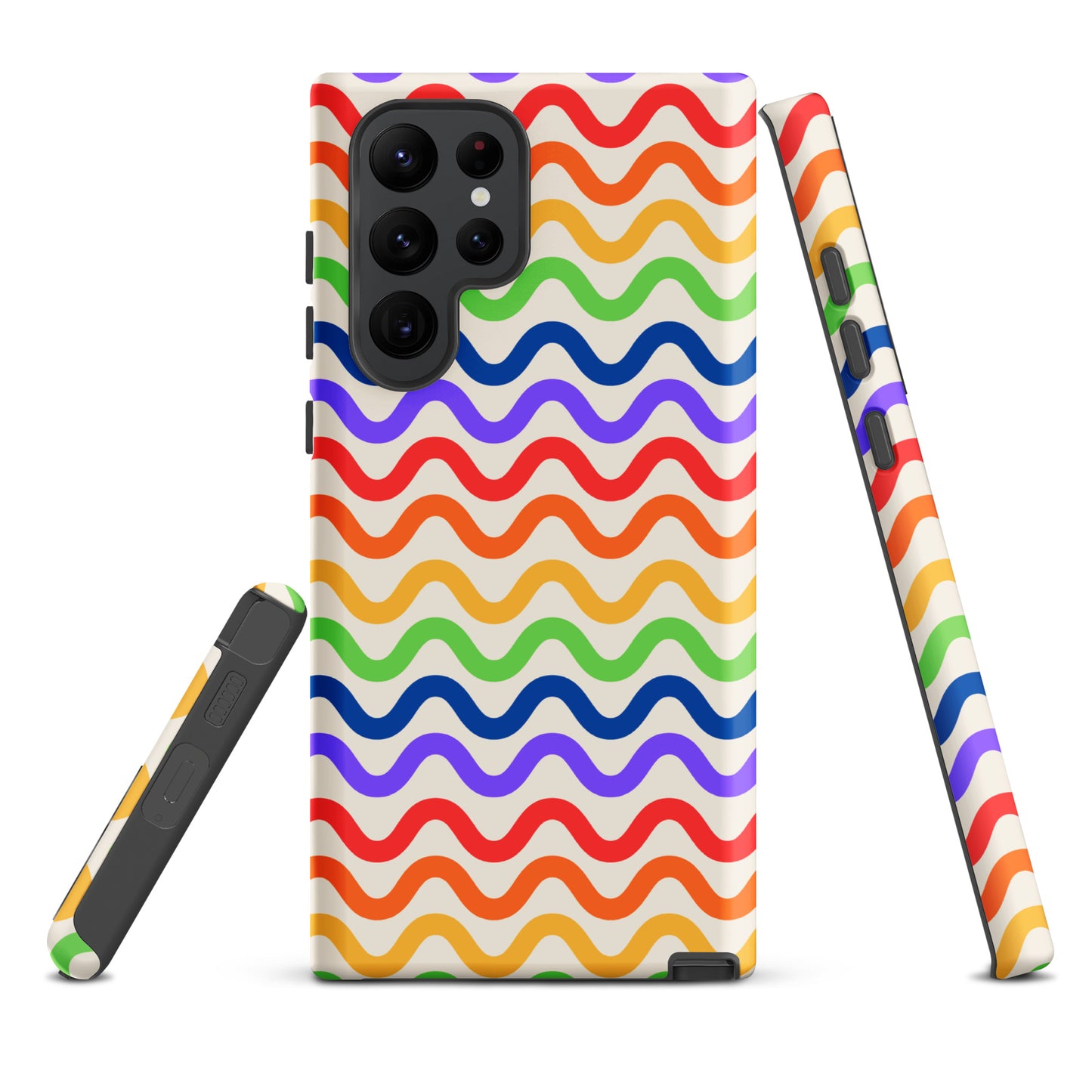 Phone Case with wavy rainbow pattern for Samsung Galaxy showcasing vibrant colors and sturdy protection in multiple angles.