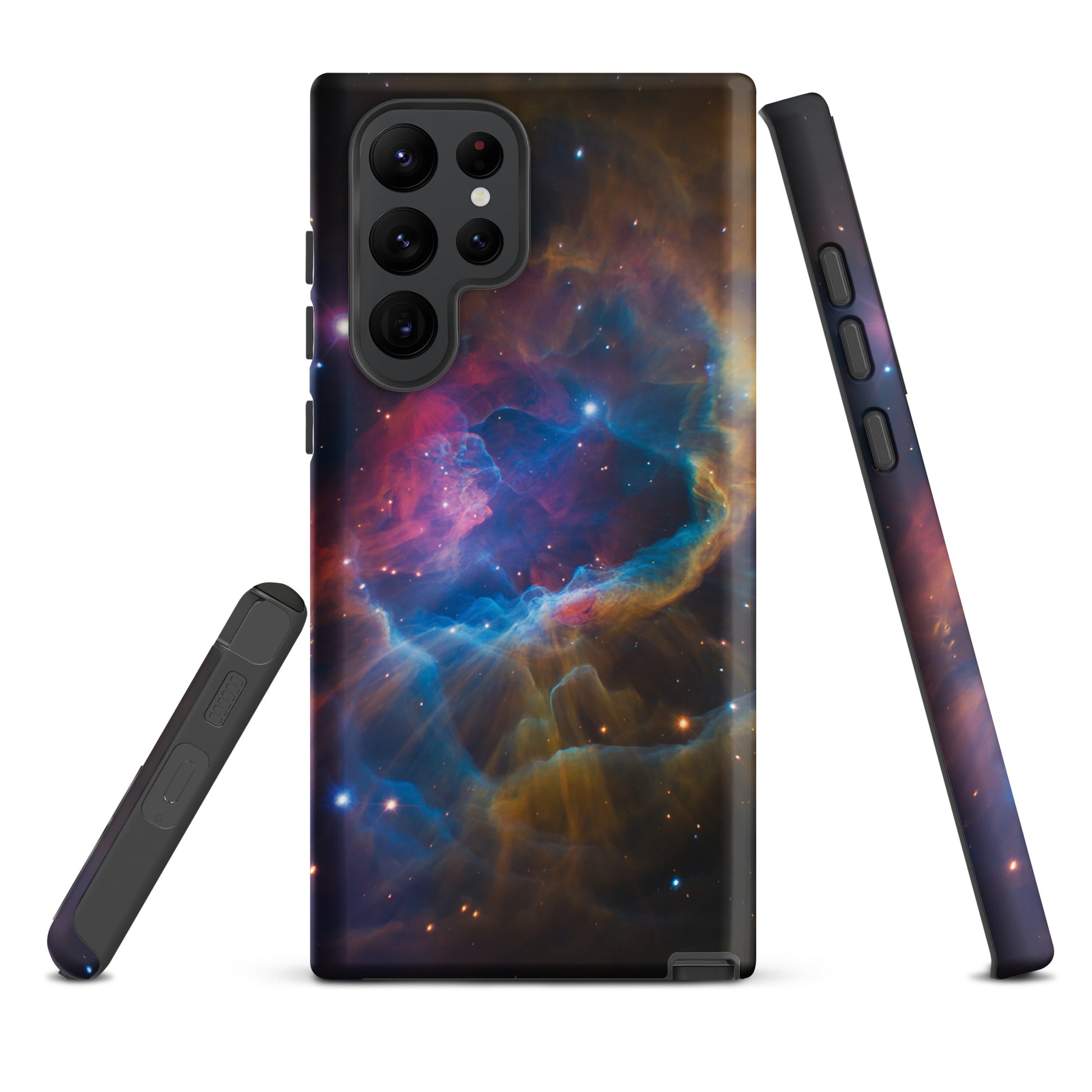 Phone Case for Samsung Galaxy featuring Nebula Cosmic Dreamscape Starburst design with vibrant blues and oranges.