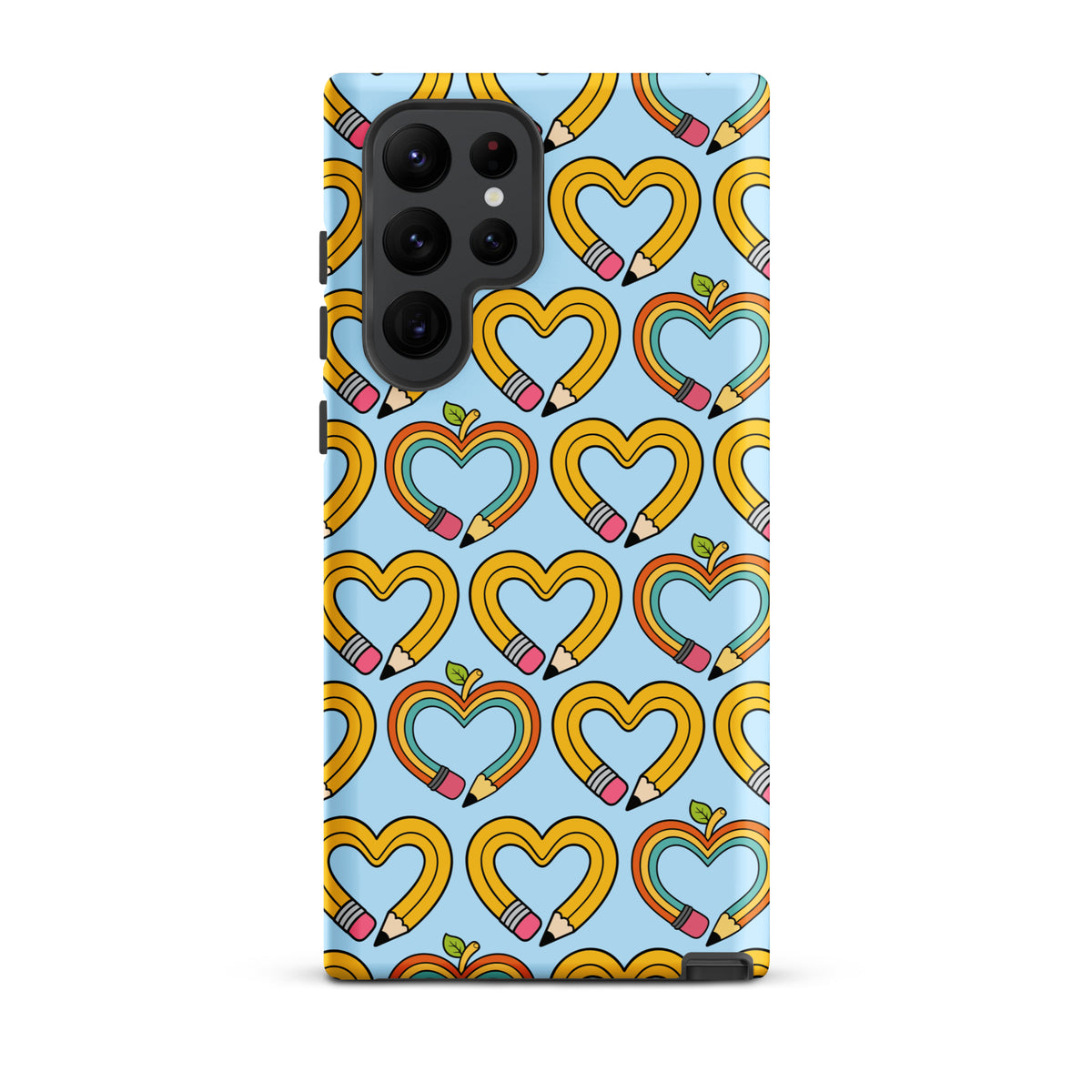 Phone Case for Samsung Galaxy featuring playful pencil-heart pattern with pencil-shaped hearts and green leaves on a blue background.