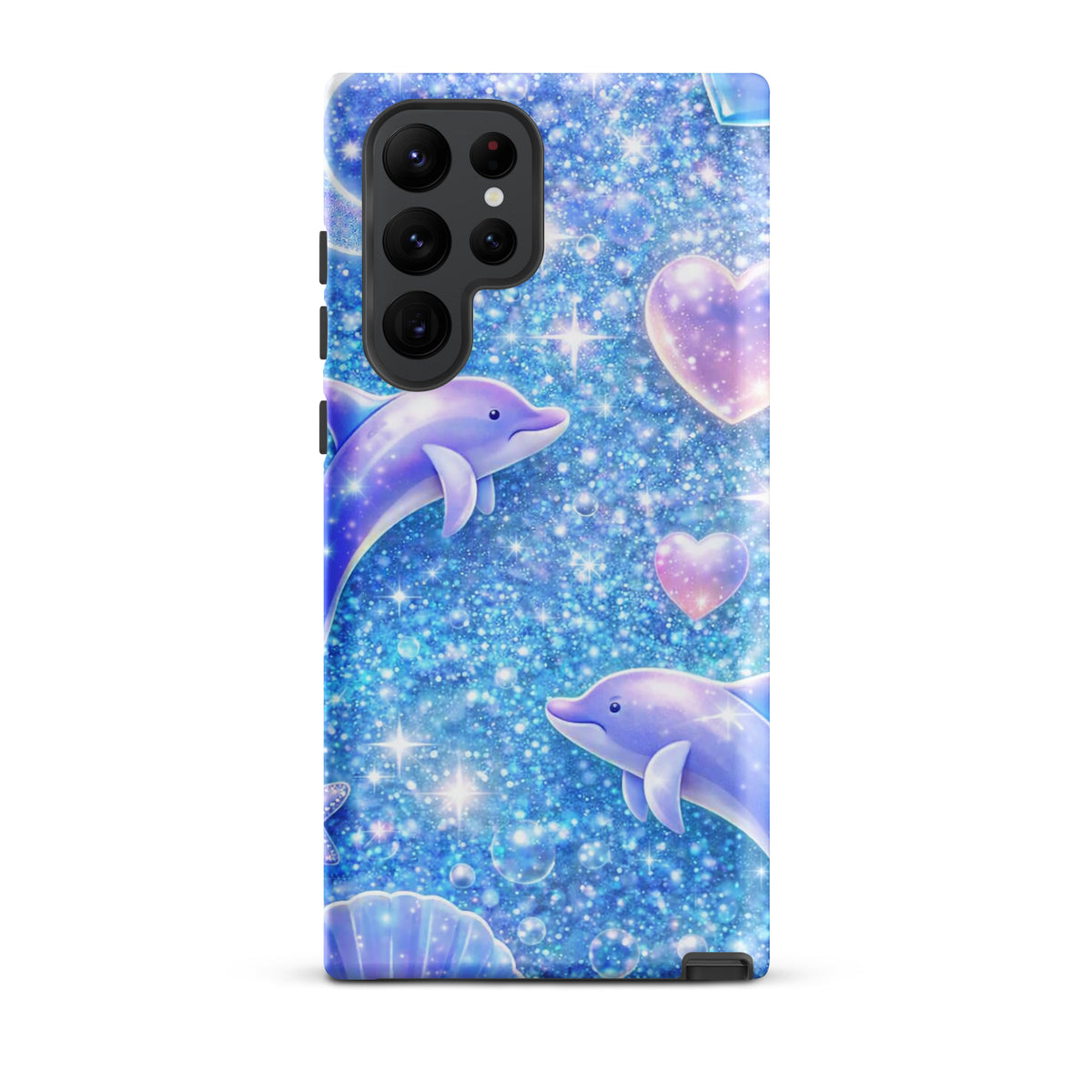 Phone Case for Samsung Galaxy - Ocean Glitter Dolphins design with shimmering liquid glitter and floating dolphin illustrations.