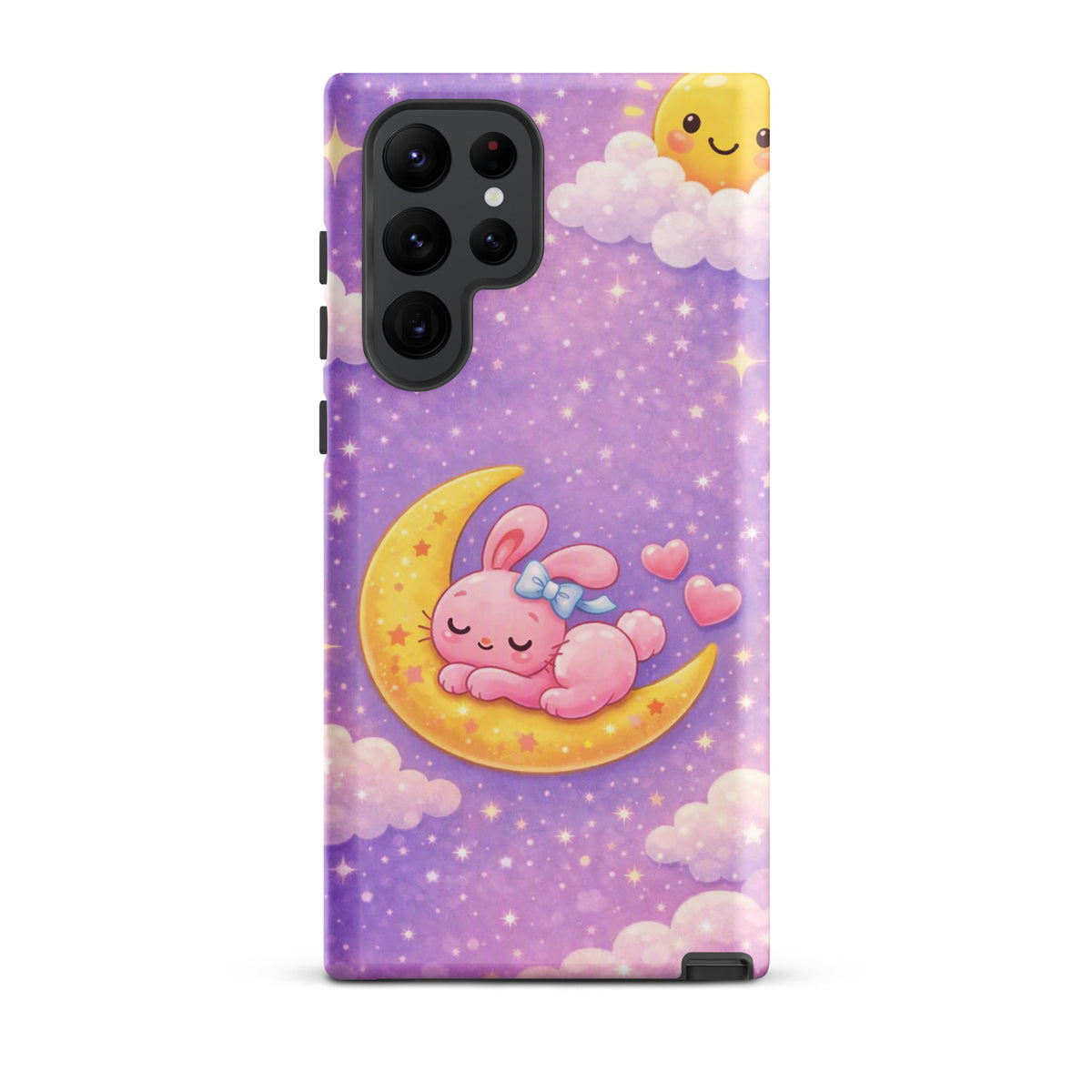 Phone Case for Samsung Galaxy - Cute, Cozy, Dreamy Bunny Moon Design with pink bunny on crescent moon and stars.