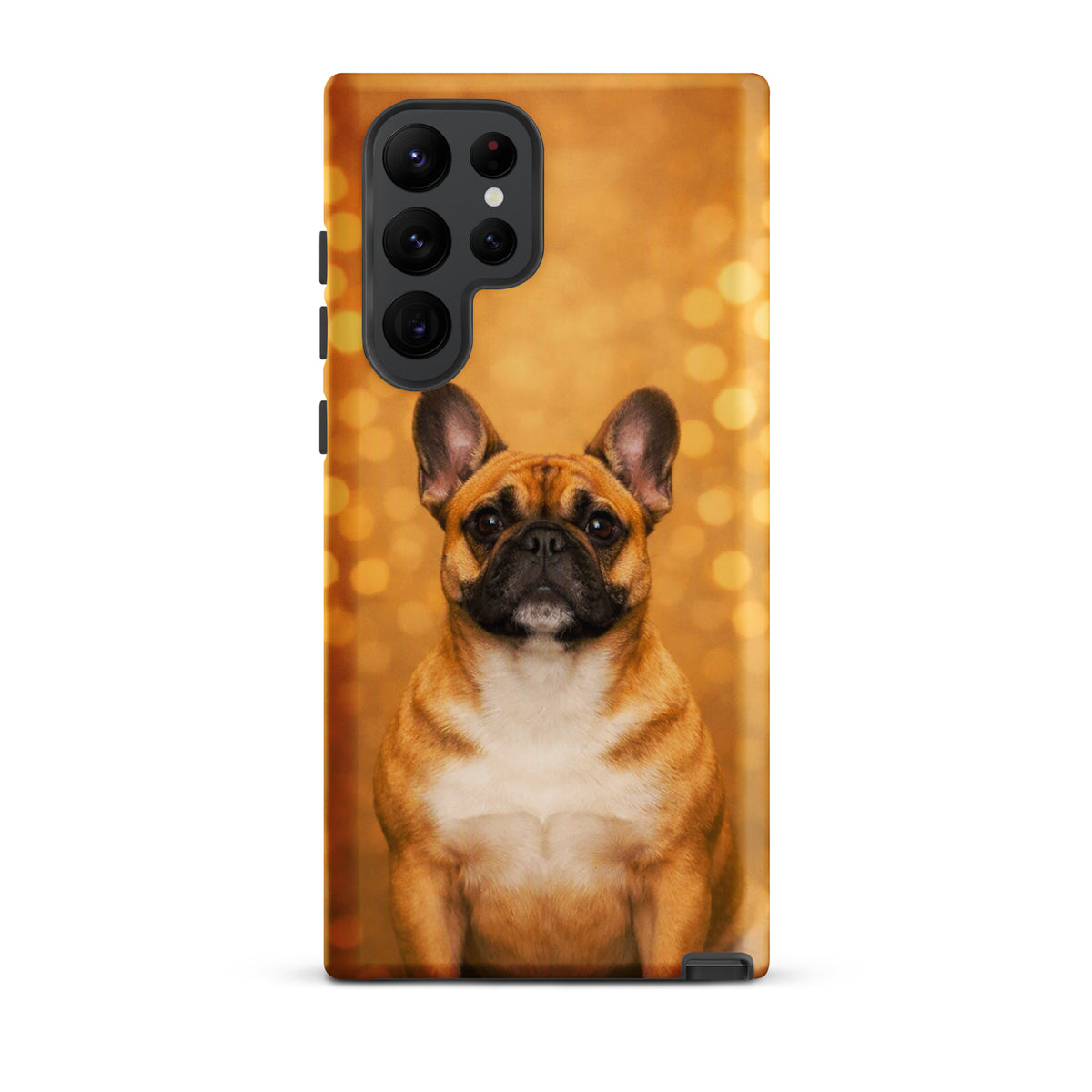 Phone Case for Samsung Galaxy featuring a cute French Bulldog against a golden bokeh background, adding charm and character to your device.