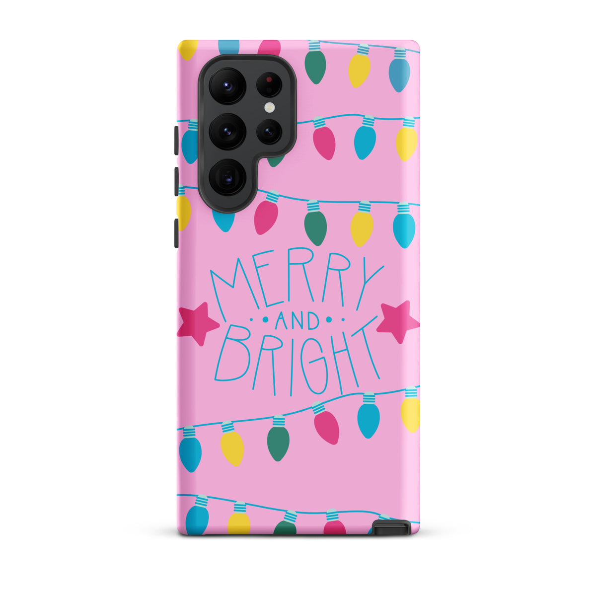 Phone Case for Samsung Galaxy with festive holiday lights and "Merry and Bright" design on a bright pink background.