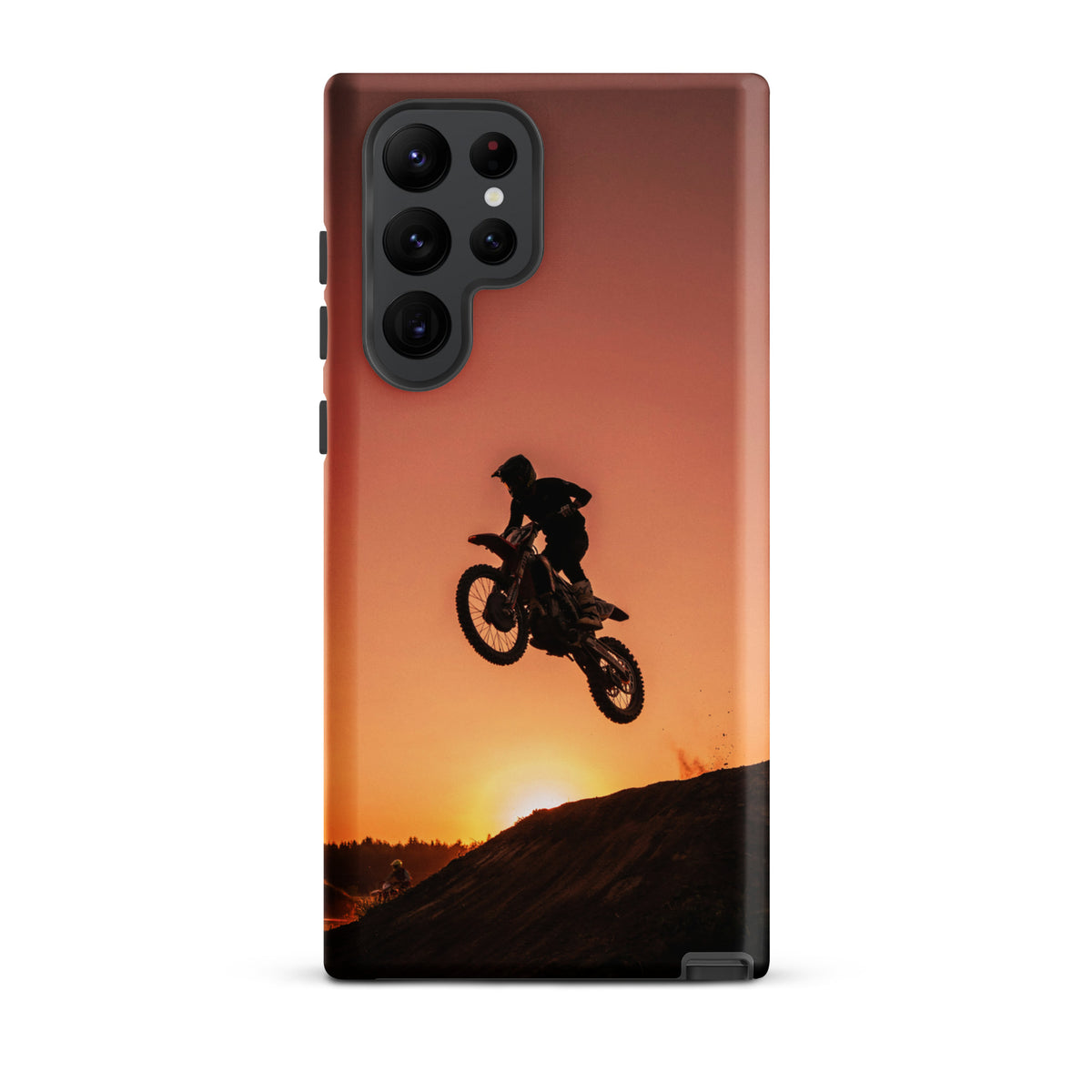 Phone Case for Samsung Galaxy with motocross sunset dirt bike design, featuring a rider silhouetted against an orange sky.