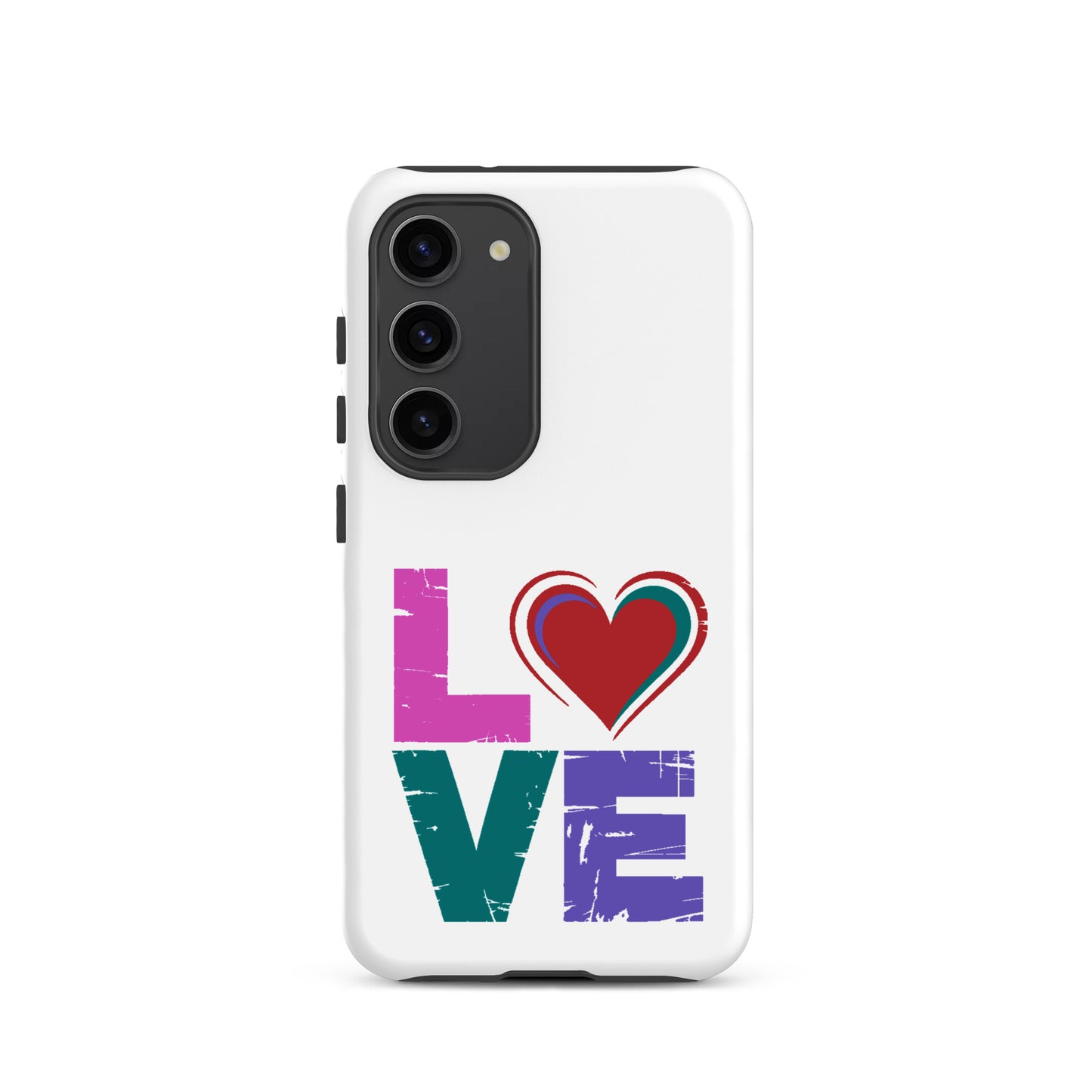 Tough case for Samsung Galaxy Phones featuring colorful 'LOVE' design with a heart in place of 'O'.