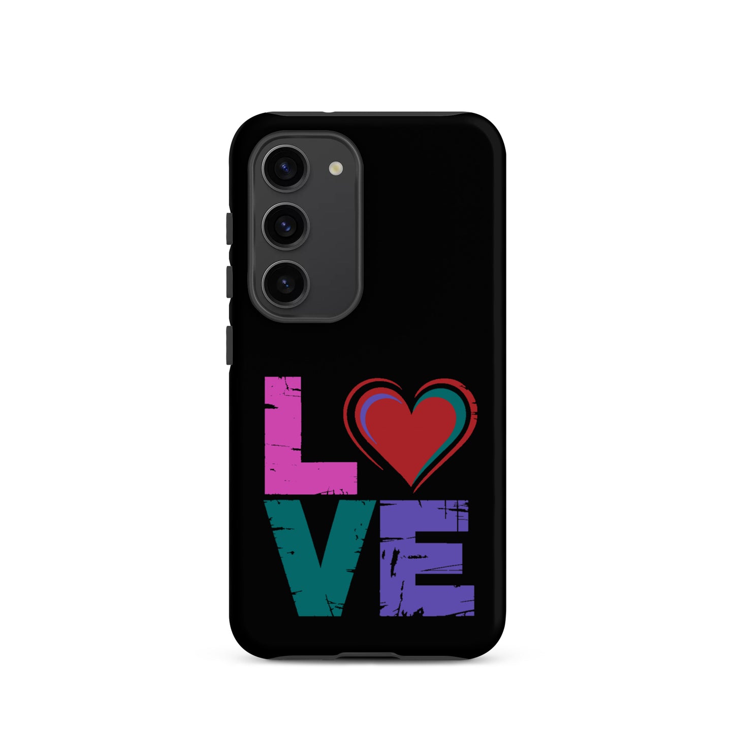 Tough case for Samsung Galaxy Phones featuring a vibrant 'love' design with a heart replacing the 'o'.