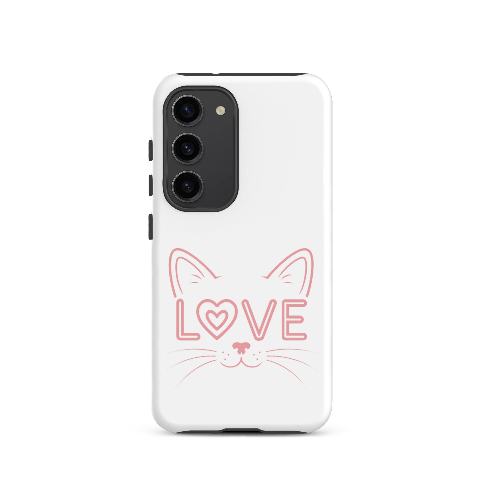 Cat Love phone case for Samsung Galaxy featuring minimalist cat face and "love" design.