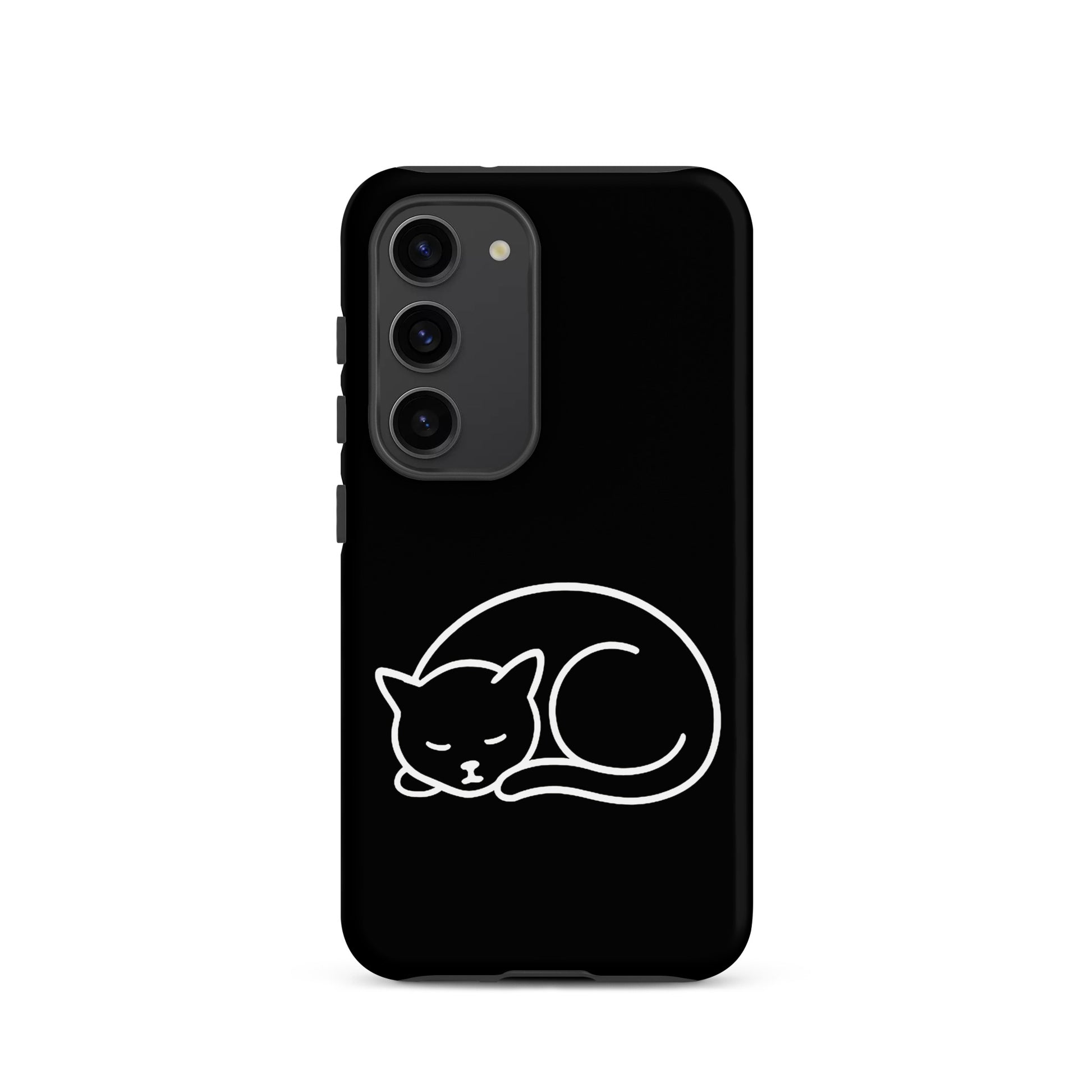 Phone Case for Samsung Galaxy Phones featuring a minimalist curled-up cat design in white on a black background.