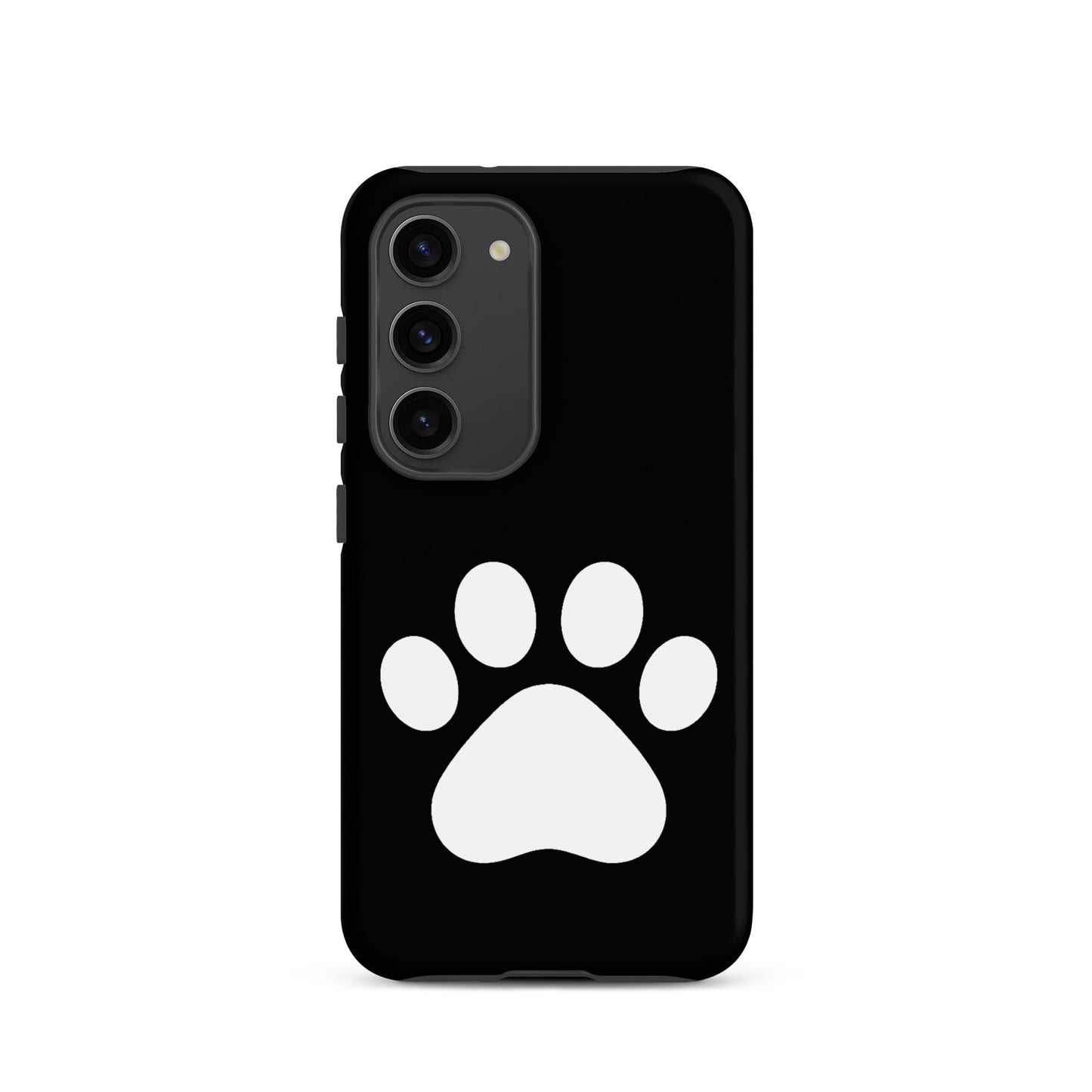 Phone Case for Samsung Galaxy featuring a minimalistic white paw print design on a black background.