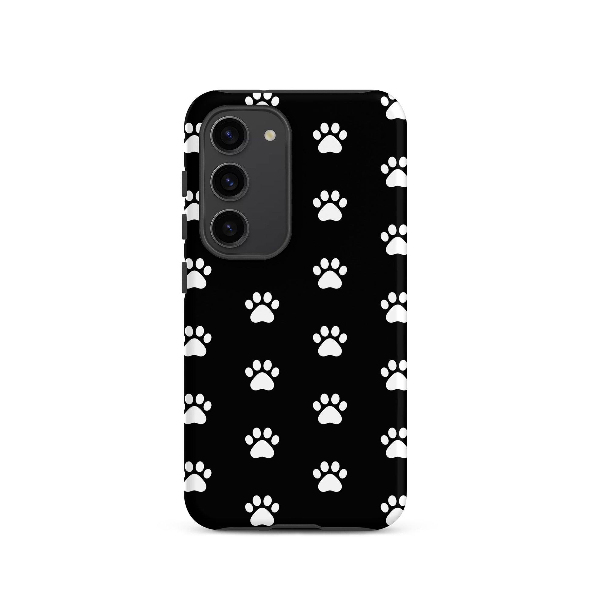 Phone Case for Samsung Galaxy with a stylish black background and white paw print design for pet lovers.