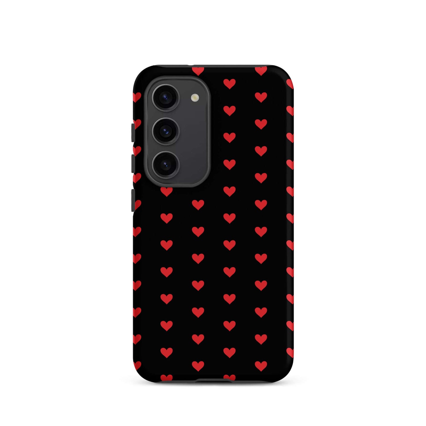 Phone Case for Samsung Galaxy featuring fiery red hearts on a black background.