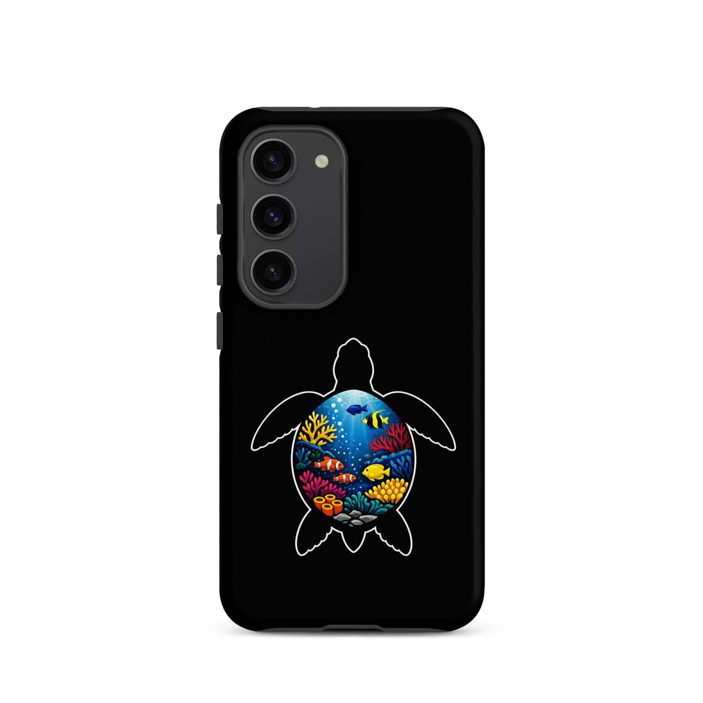 Phone case for Samsung Galaxy featuring vibrant sea turtle reef design on a black background.