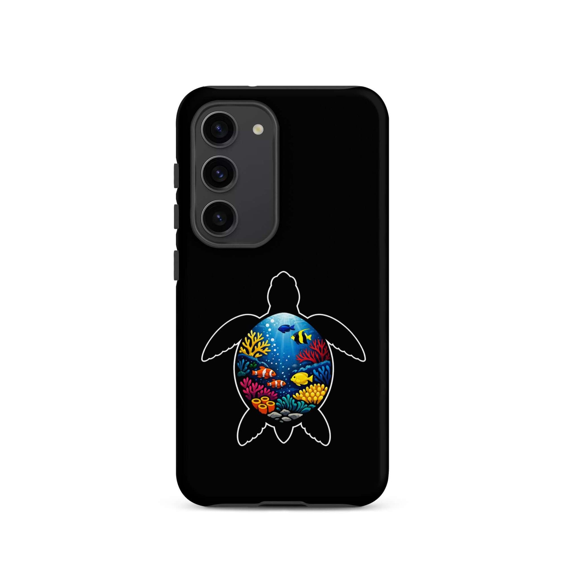 Phone case for Samsung Galaxy featuring vibrant sea turtle reef design on a black background.