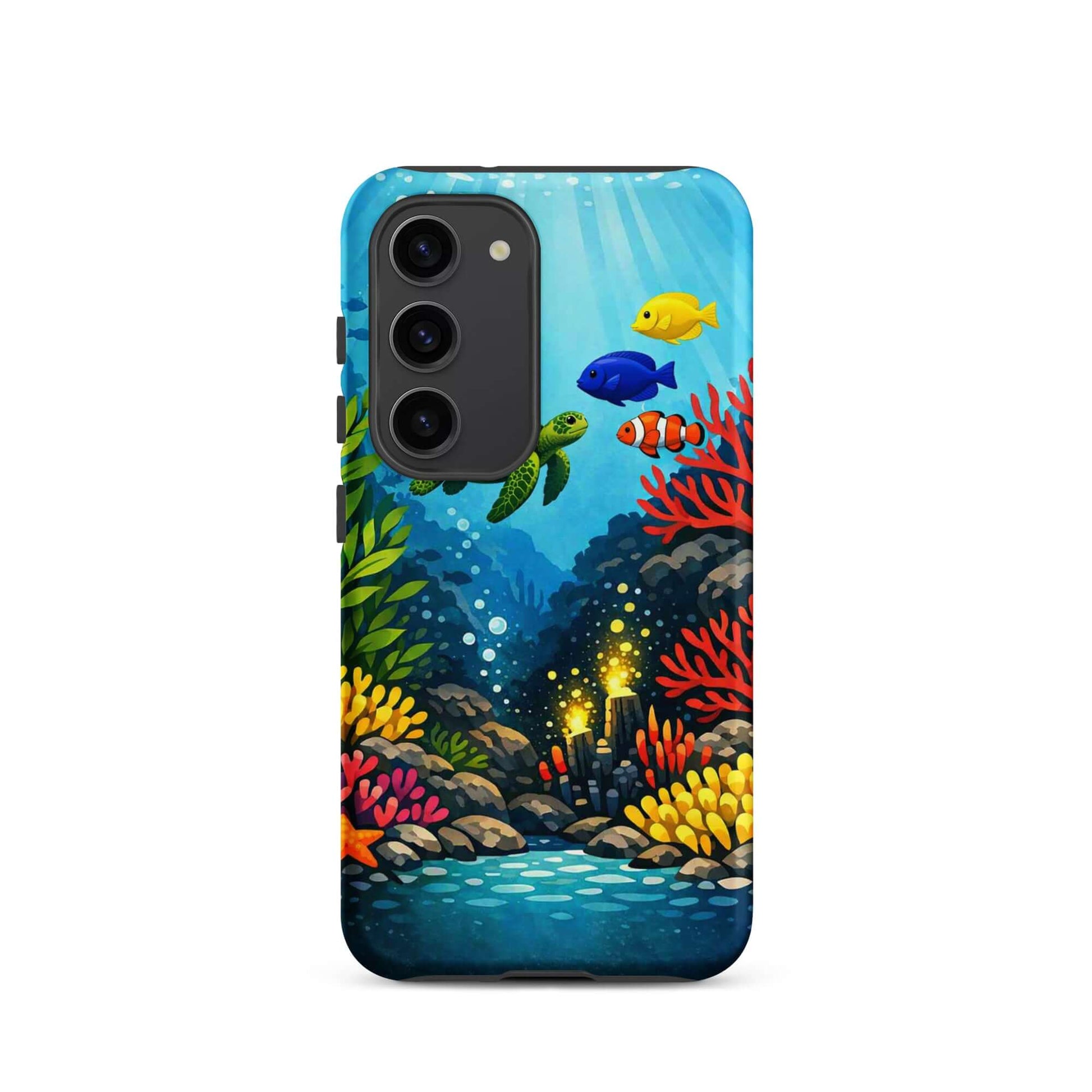 Phone case for Samsung Galaxy featuring vibrant sea turtle and coral reef design with colorful fish.
