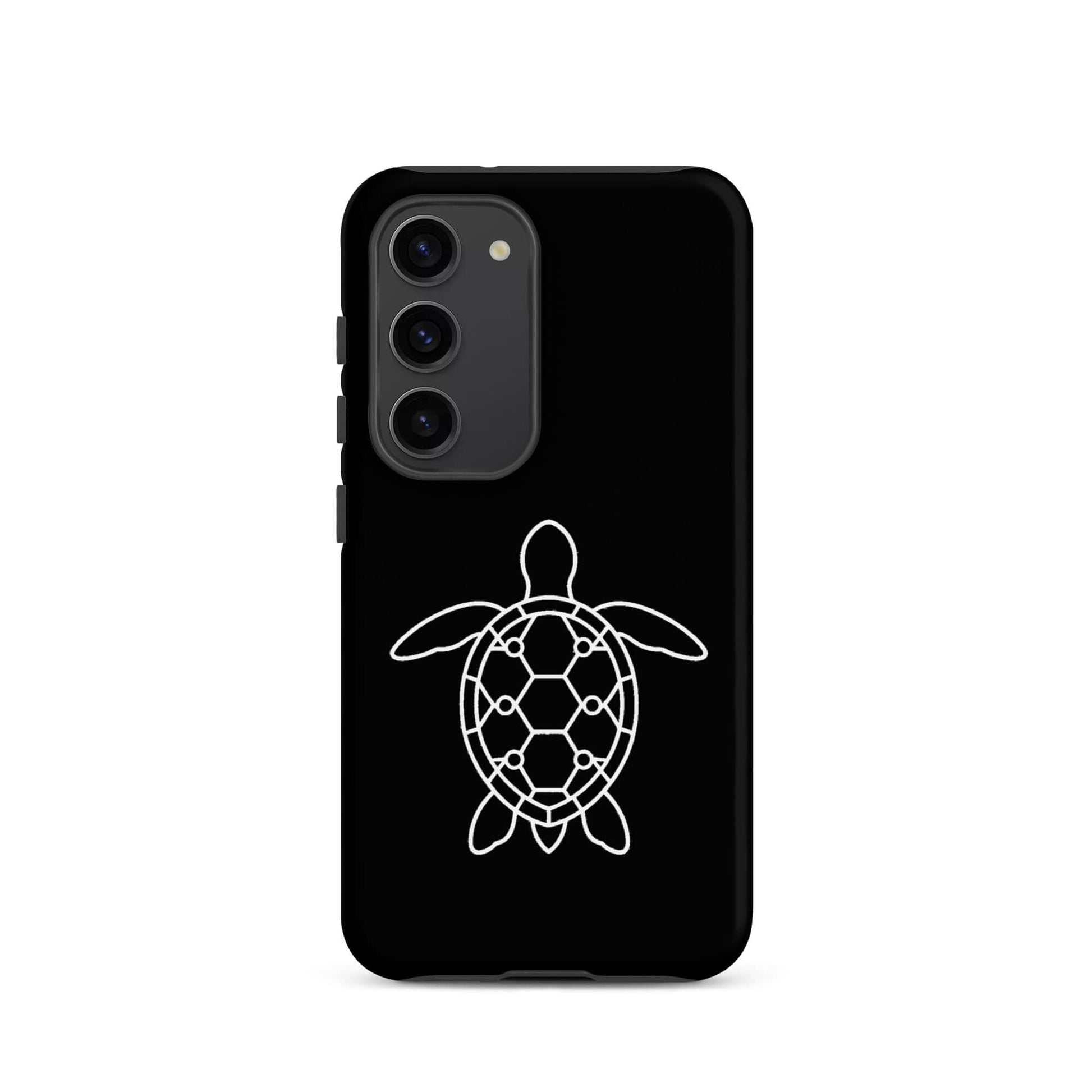Phone case for Samsung Galaxy featuring a minimalist sea turtle silhouette in geometric design on a black background.