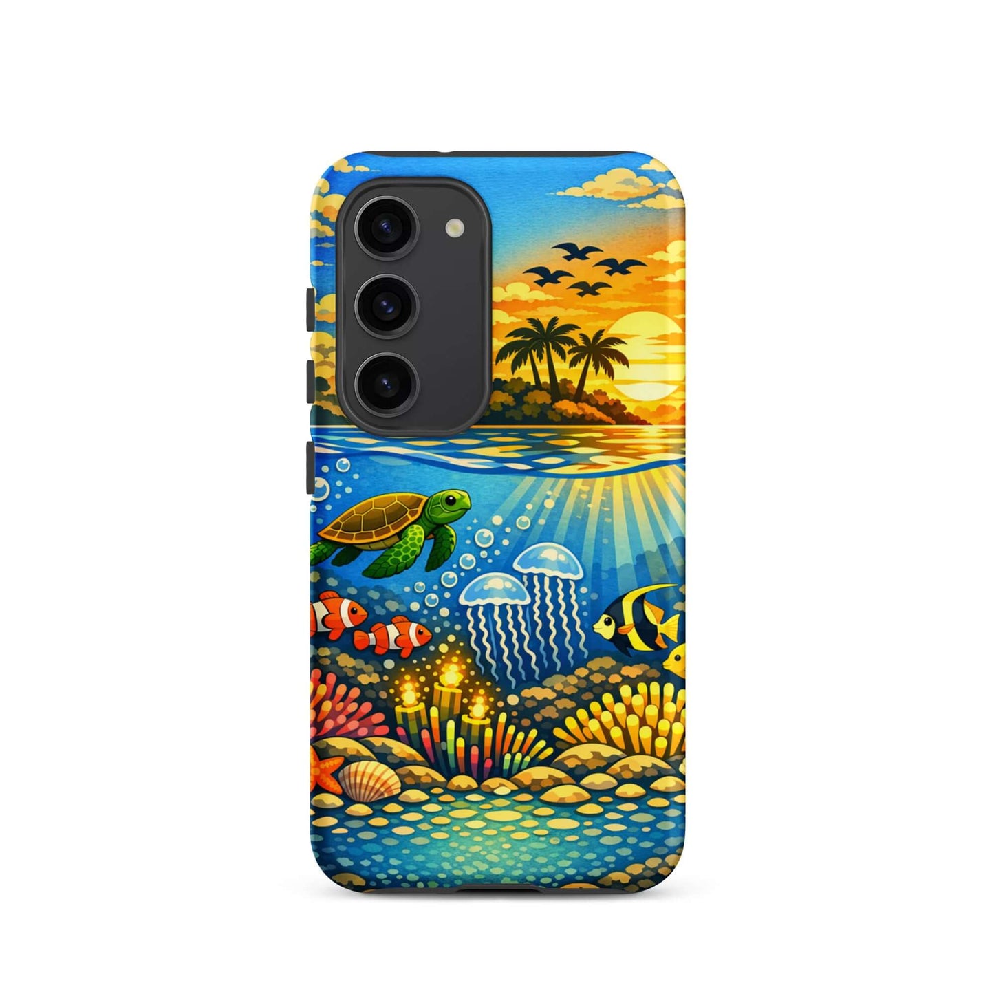Phone Case for Samsung Galaxy featuring a tropical sunset and vibrant underwater reef scene.