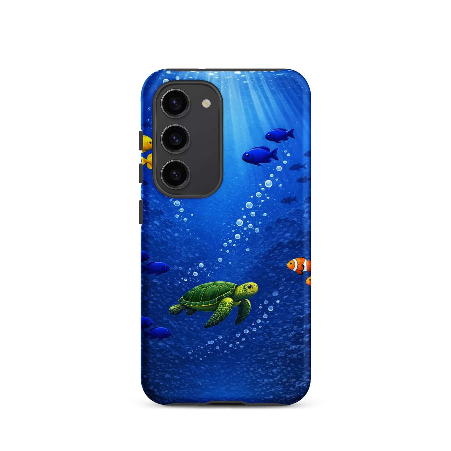 Phone Case featuring a vibrant sea turtle design swimming in a deep blue underwater scene.