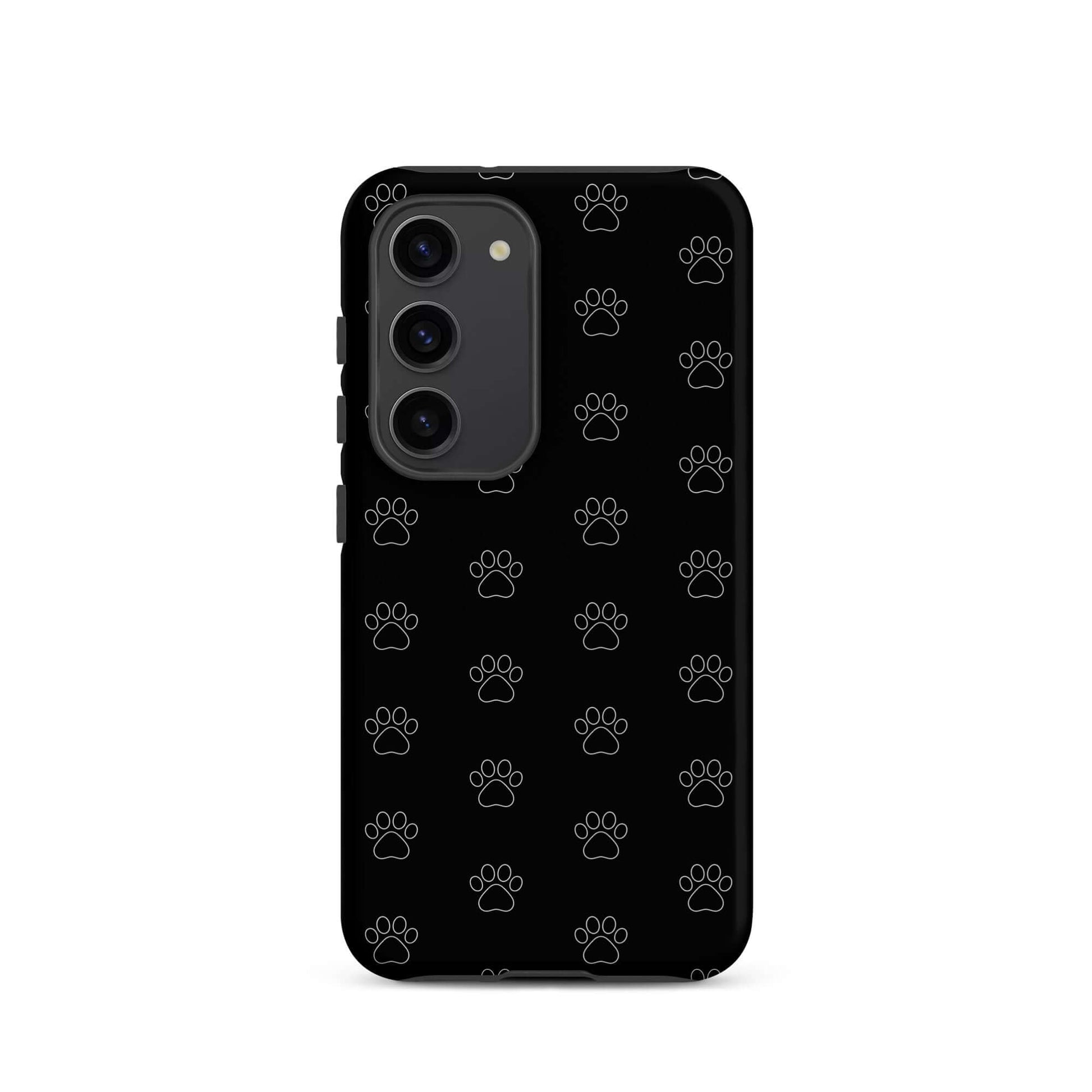 Phone Case for Samsung Galaxy featuring playful paw print pattern on a sleek black background.